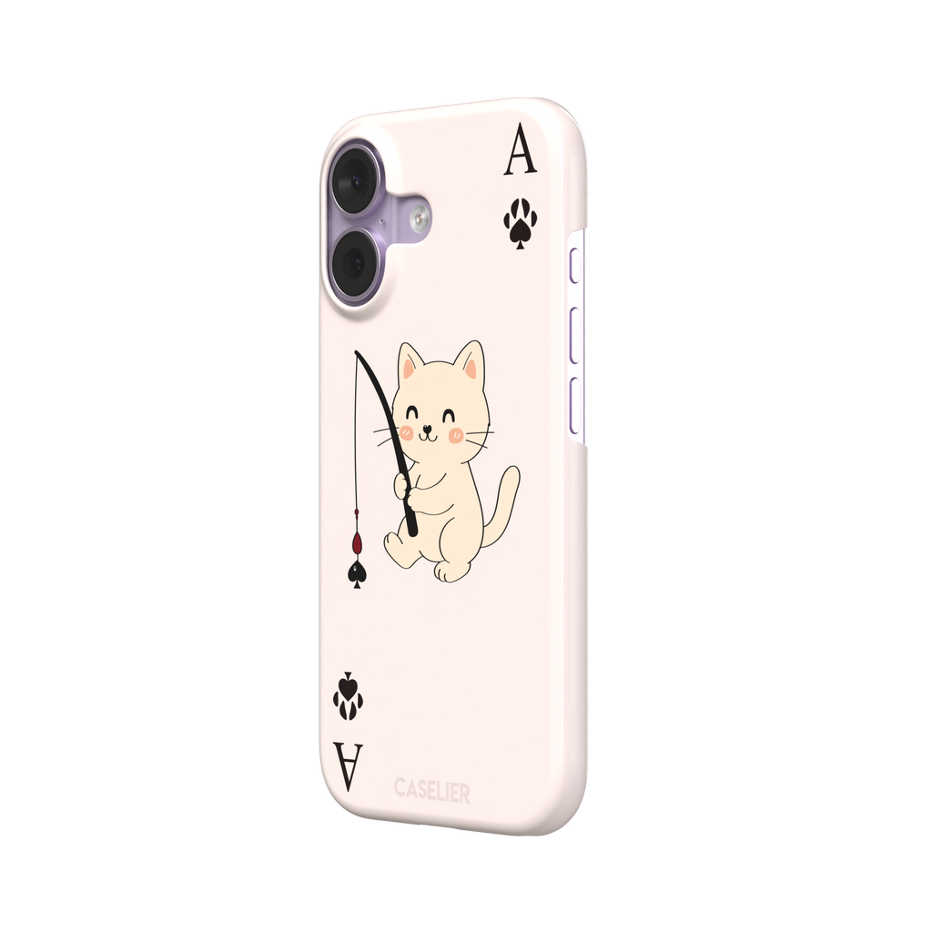 Ace of Spades phone case in blush pink from the Paw Decks collection, featuring a kawaii cream cat holding a fishing rod with a spade-shaped lure and paw print corner markers, phone case by Caselier — snap case, right view
