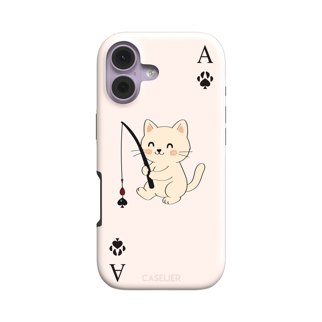 Ace of Spades phone case in blush pink from the Paw Decks collection, featuring a kawaii cream cat holding a fishing rod with a spade-shaped lure and paw print corner markers, phone case by Caselier — tough case, front view