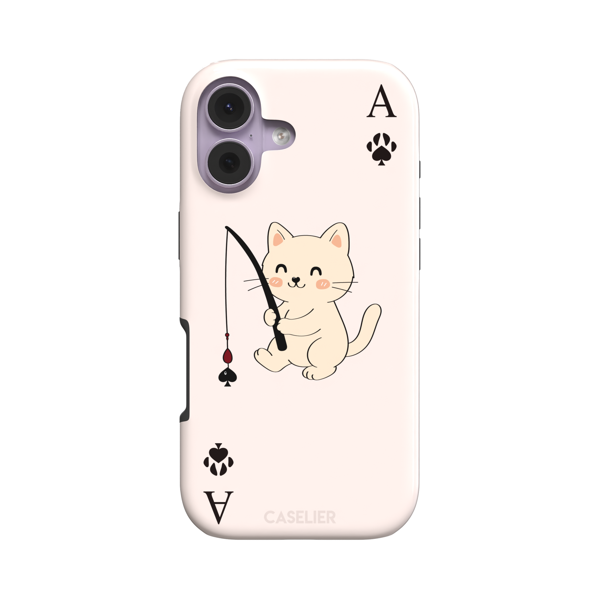 Ace of Spades phone case in blush pink from the Paw Decks collection, featuring a kawaii cream cat holding a fishing rod with a spade-shaped lure and paw print corner markers, phone case by Caselier — tough case, front view