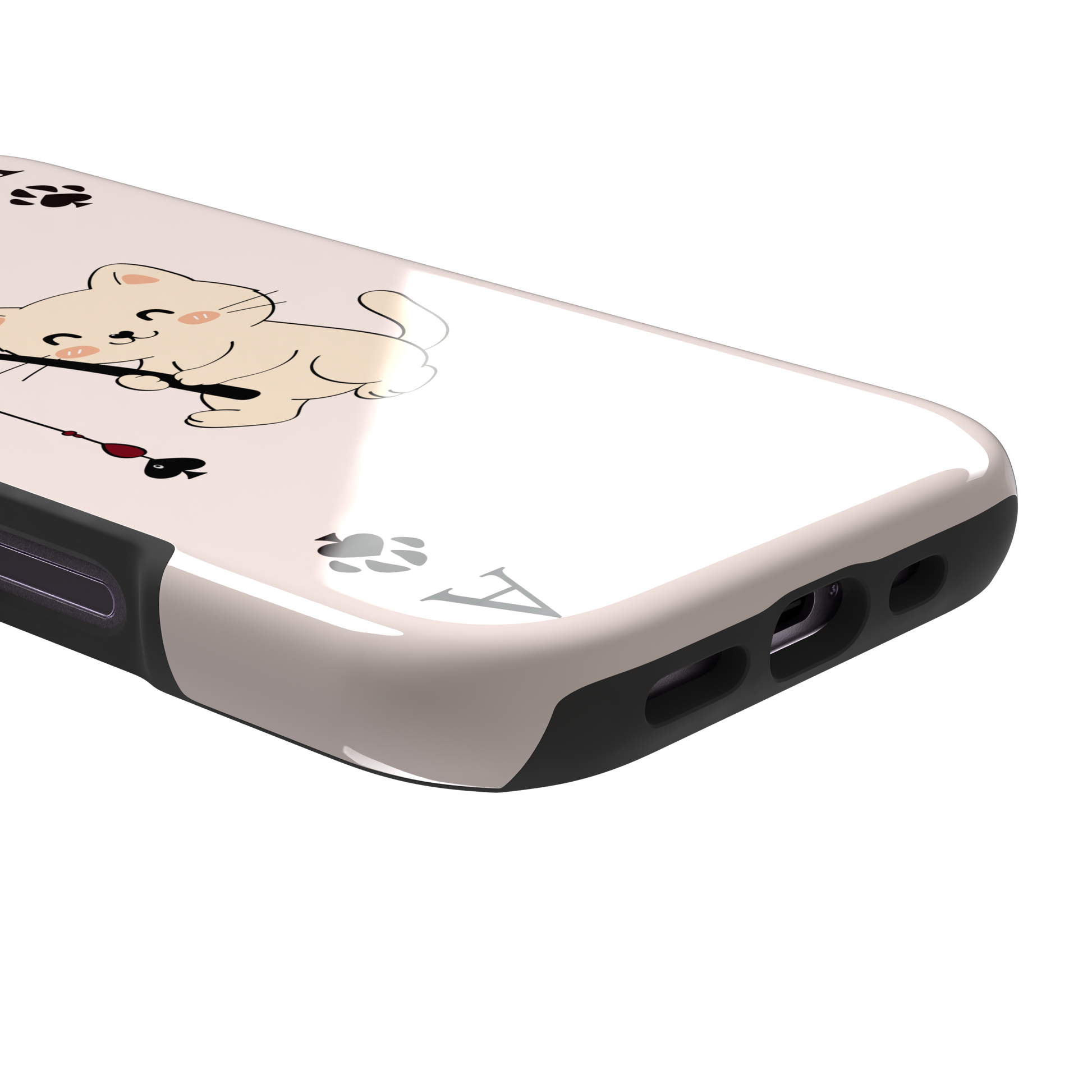 Ace of Spades phone case in blush pink from the Paw Decks collection, featuring a kawaii cream cat holding a fishing rod with a spade-shaped lure and paw print corner markers, phone case by Caselier — tough case, charging port detail