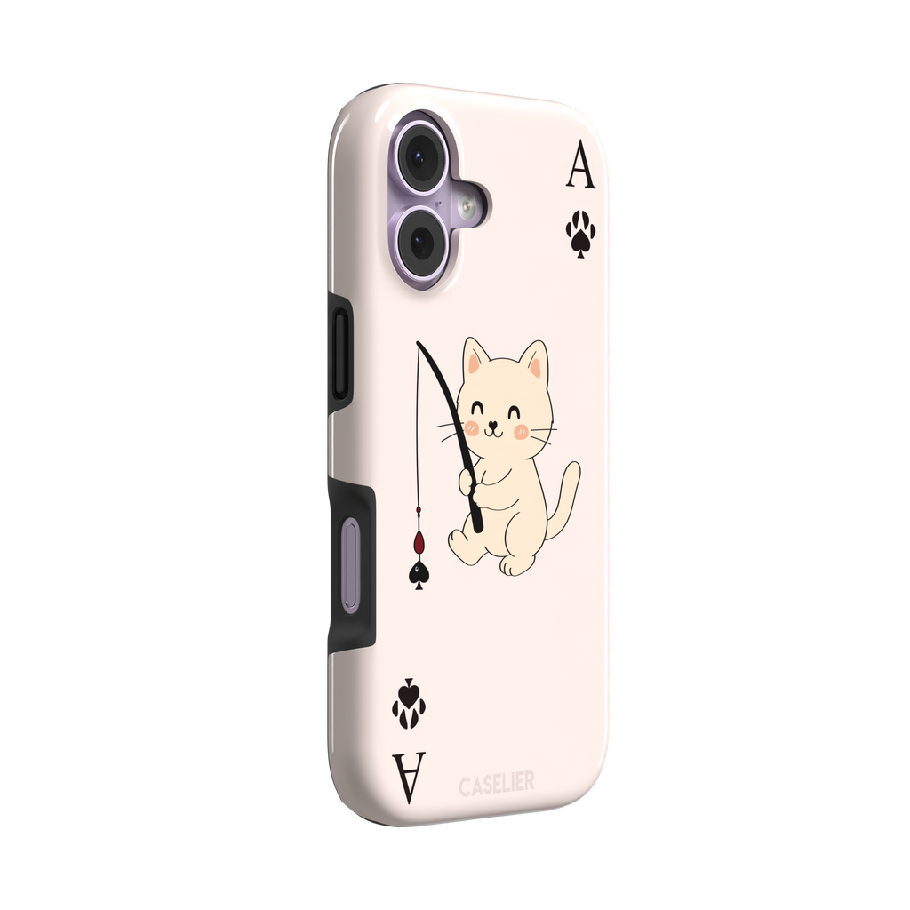 Ace of Spades phone case in blush pink from the Paw Decks collection, featuring a kawaii cream cat holding a fishing rod with a spade-shaped lure and paw print corner markers, phone case by Caselier — tough case, left view