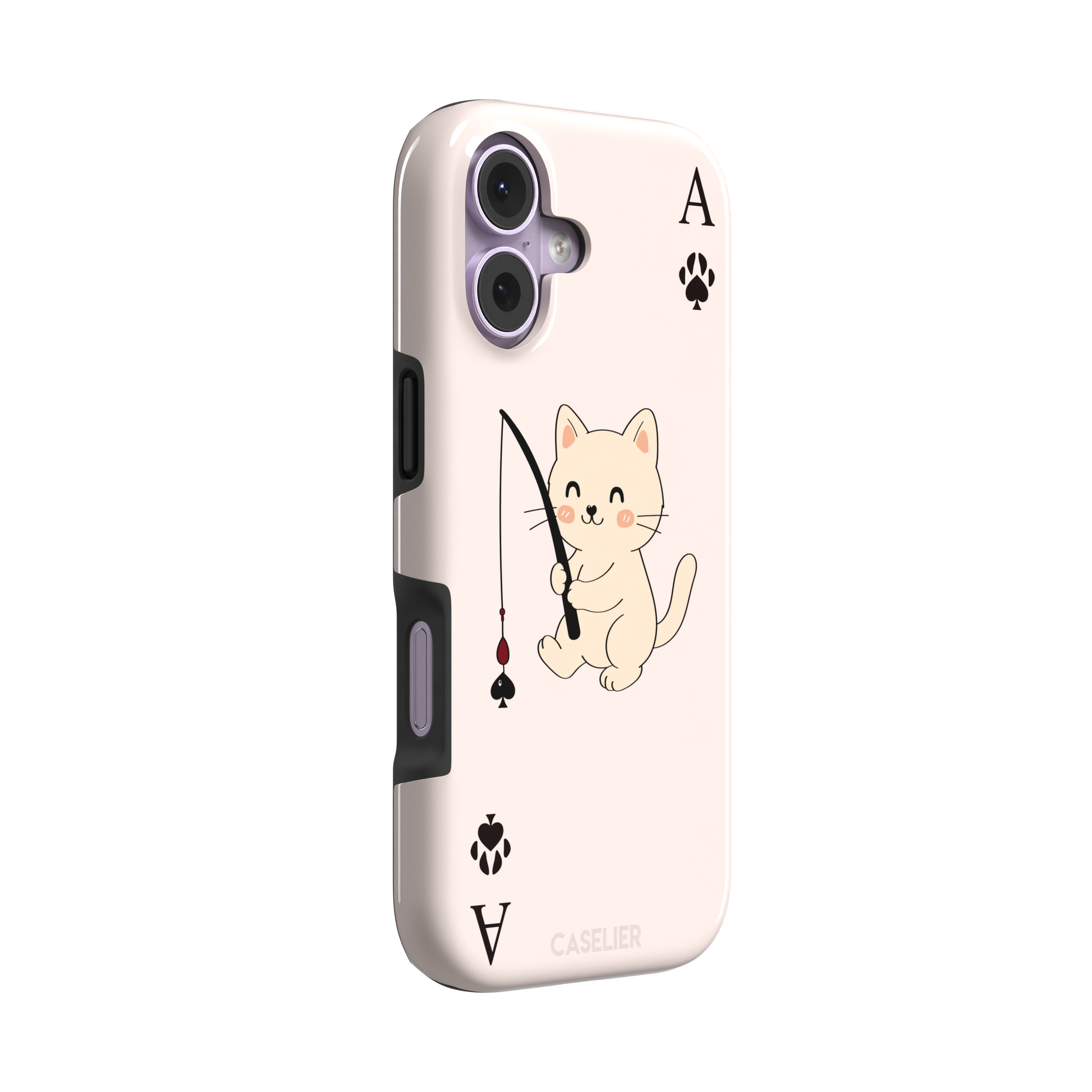 Ace of Spades phone case in blush pink from the Paw Decks collection, featuring a kawaii cream cat holding a fishing rod with a spade-shaped lure and paw print corner markers, phone case by Caselier — tough case, left view