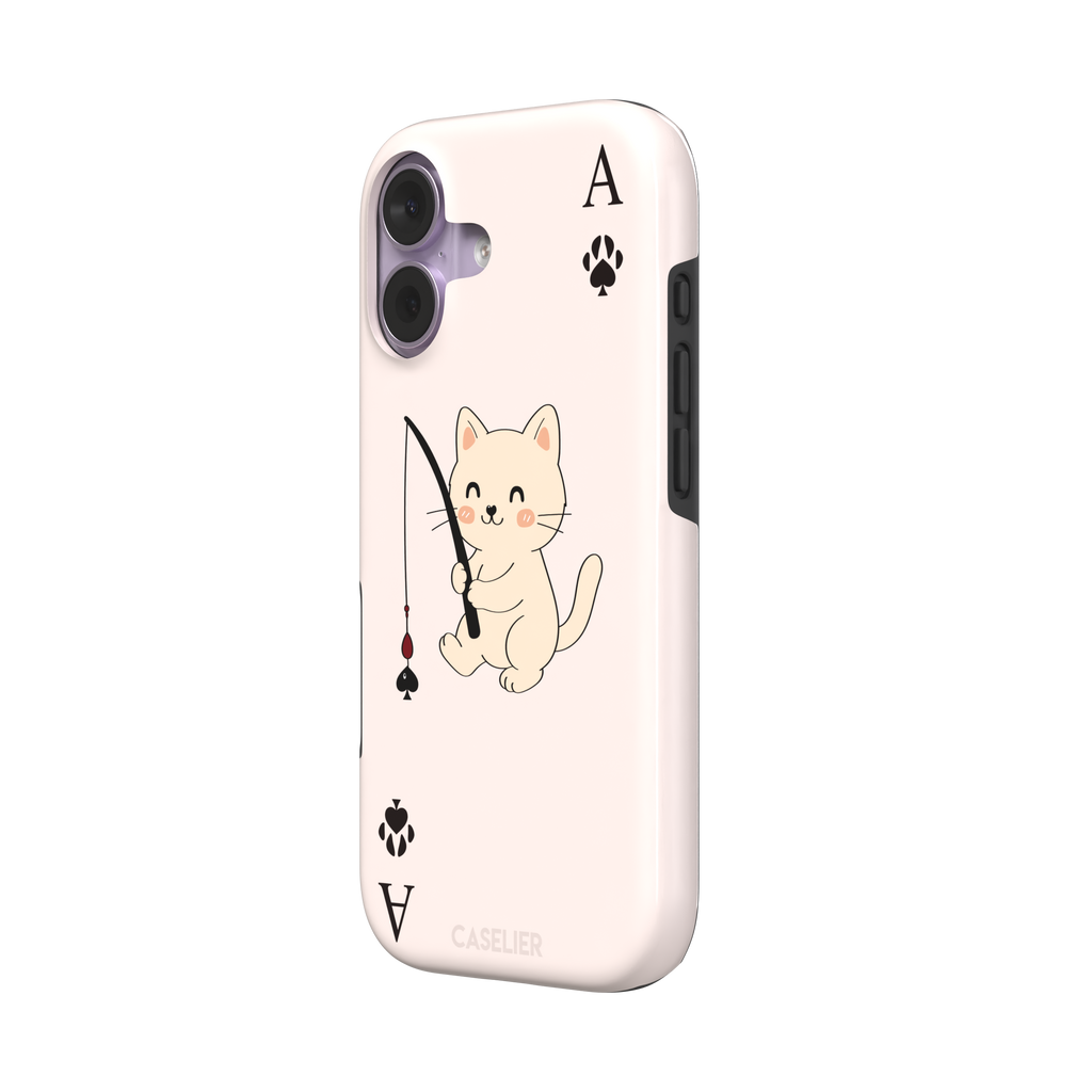 Ace of Spades phone case in blush pink from the Paw Decks collection, featuring a kawaii cream cat holding a fishing rod with a spade-shaped lure and paw print corner markers, phone case by Caselier — tough case, right view