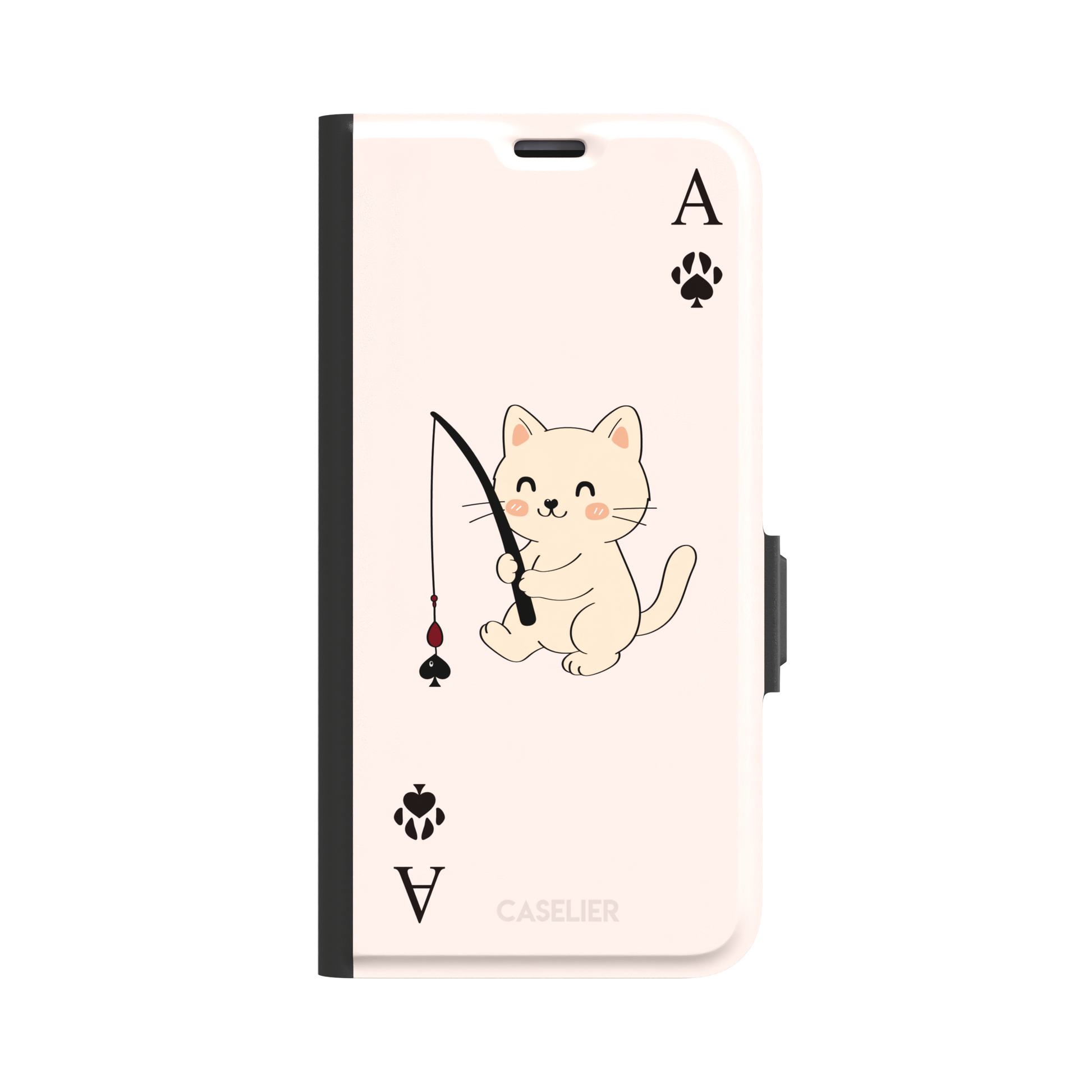 Ace of Spades phone case in blush pink from the Paw Decks collection, featuring a kawaii cream cat holding a fishing rod with a spade-shaped lure and paw print corner markers, phone case by Caselier — wallet case, front view