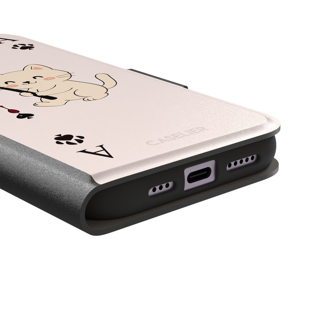 Ace of Spades phone case in blush pink from the Paw Decks collection, featuring a kawaii cream cat holding a fishing rod with a spade-shaped lure and paw print corner markers, phone case by Caselier — wallet case, charging port detail
