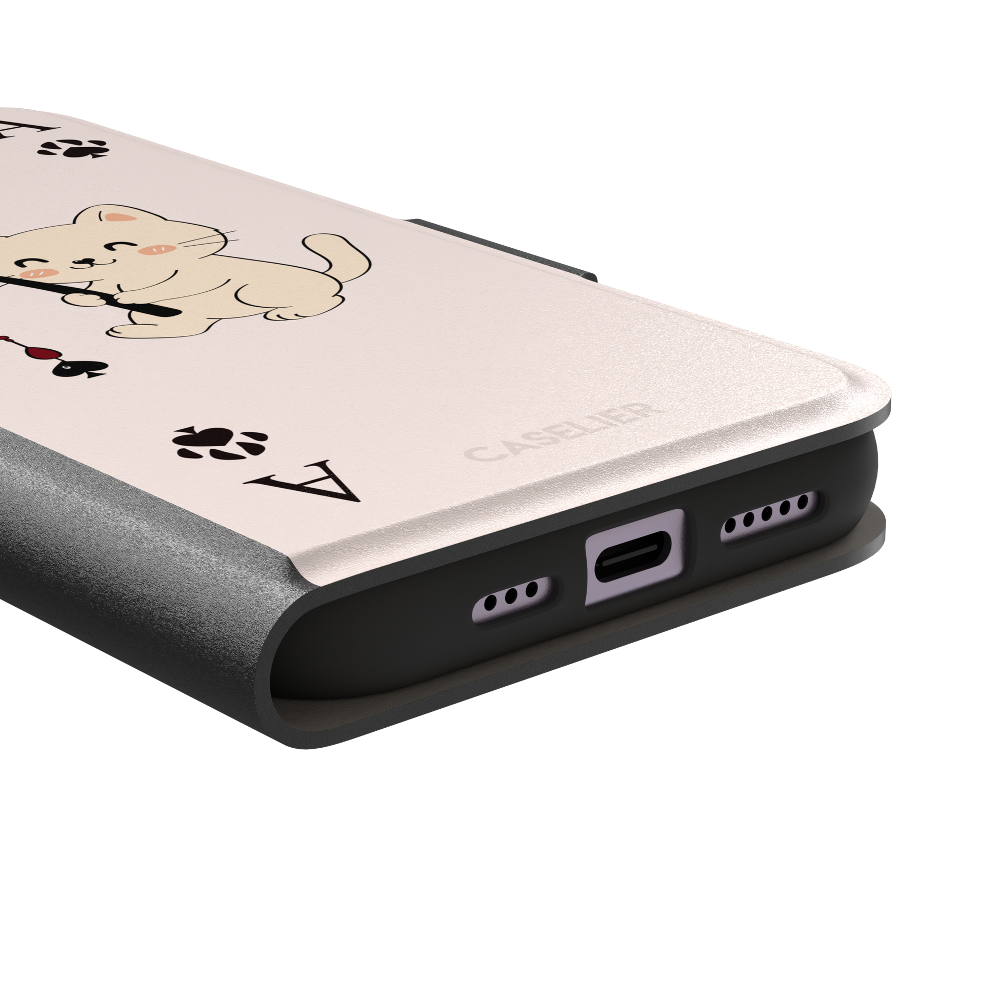 Ace of Spades phone case in blush pink from the Paw Decks collection, featuring a kawaii cream cat holding a fishing rod with a spade-shaped lure and paw print corner markers, phone case by Caselier — wallet case, charging port detail