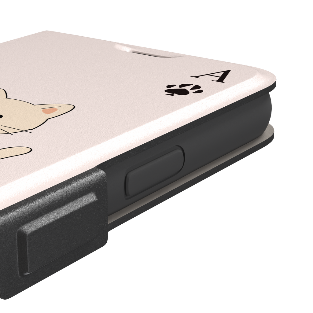 Ace of Spades phone case in blush pink from the Paw Decks collection, featuring a kawaii cream cat holding a fishing rod with a spade-shaped lure and paw print corner markers, phone case by Caselier — wallet case, volume buttons detail