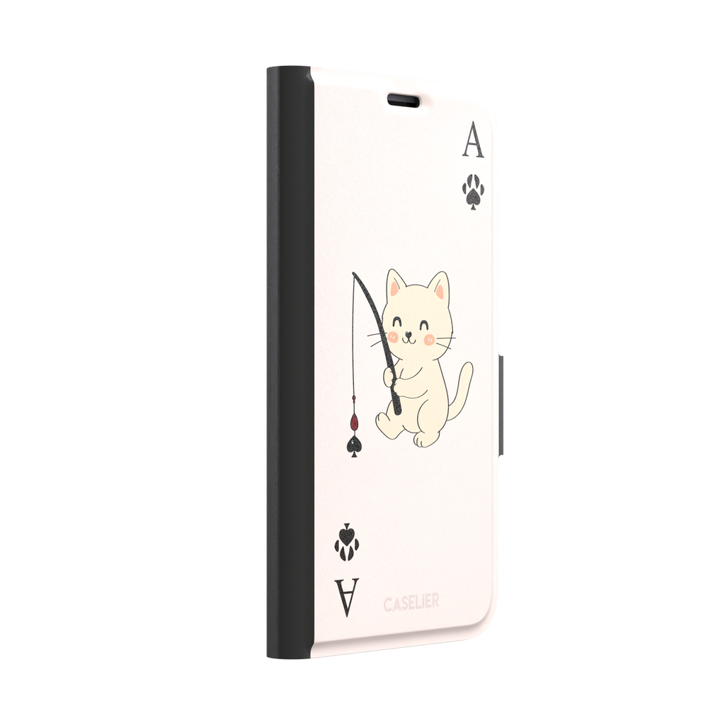 Ace of Spades phone case in blush pink from the Paw Decks collection, featuring a kawaii cream cat holding a fishing rod with a spade-shaped lure and paw print corner markers, phone case by Caselier — wallet case, left view