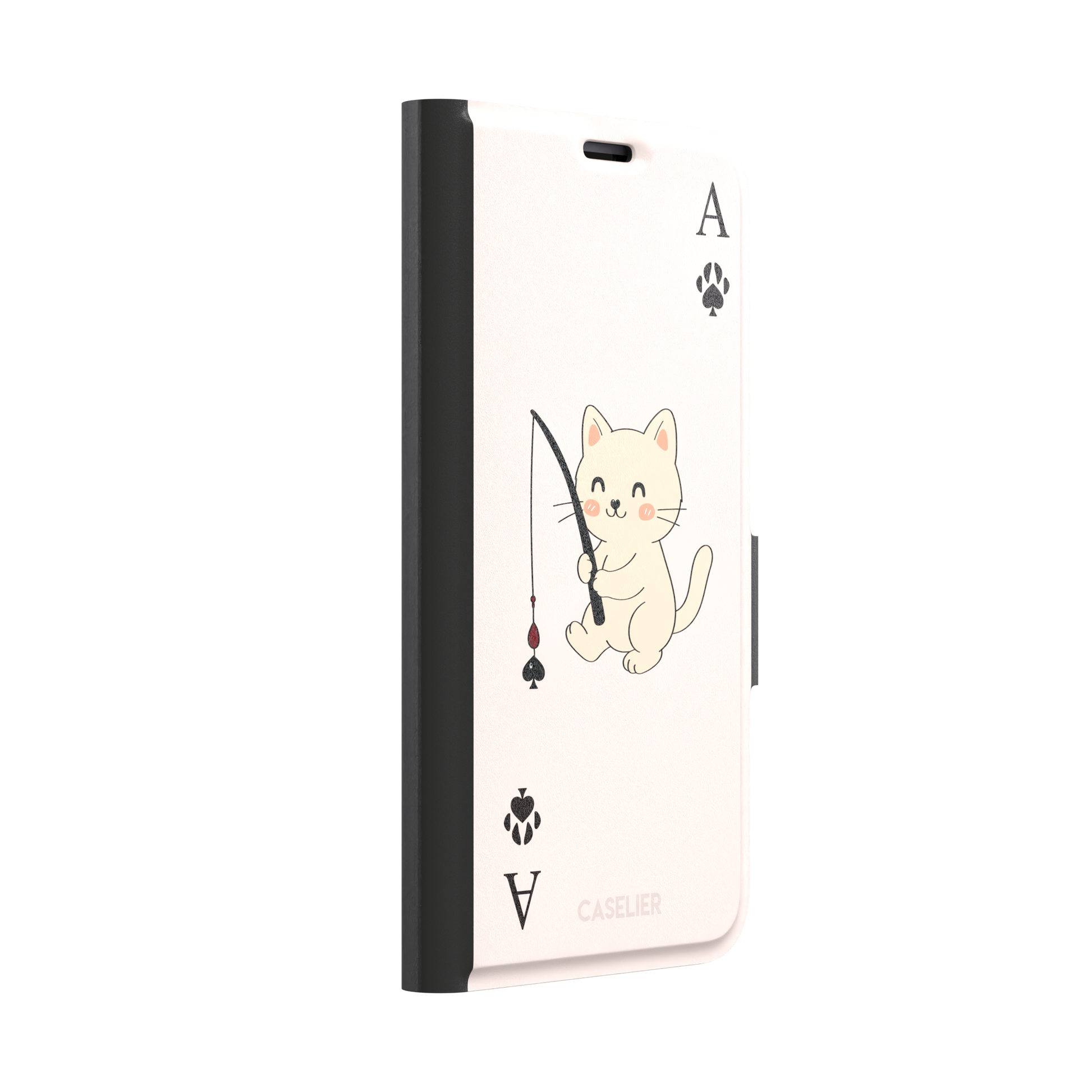 Ace of Spades phone case in blush pink from the Paw Decks collection, featuring a kawaii cream cat holding a fishing rod with a spade-shaped lure and paw print corner markers, phone case by Caselier — wallet case, left view