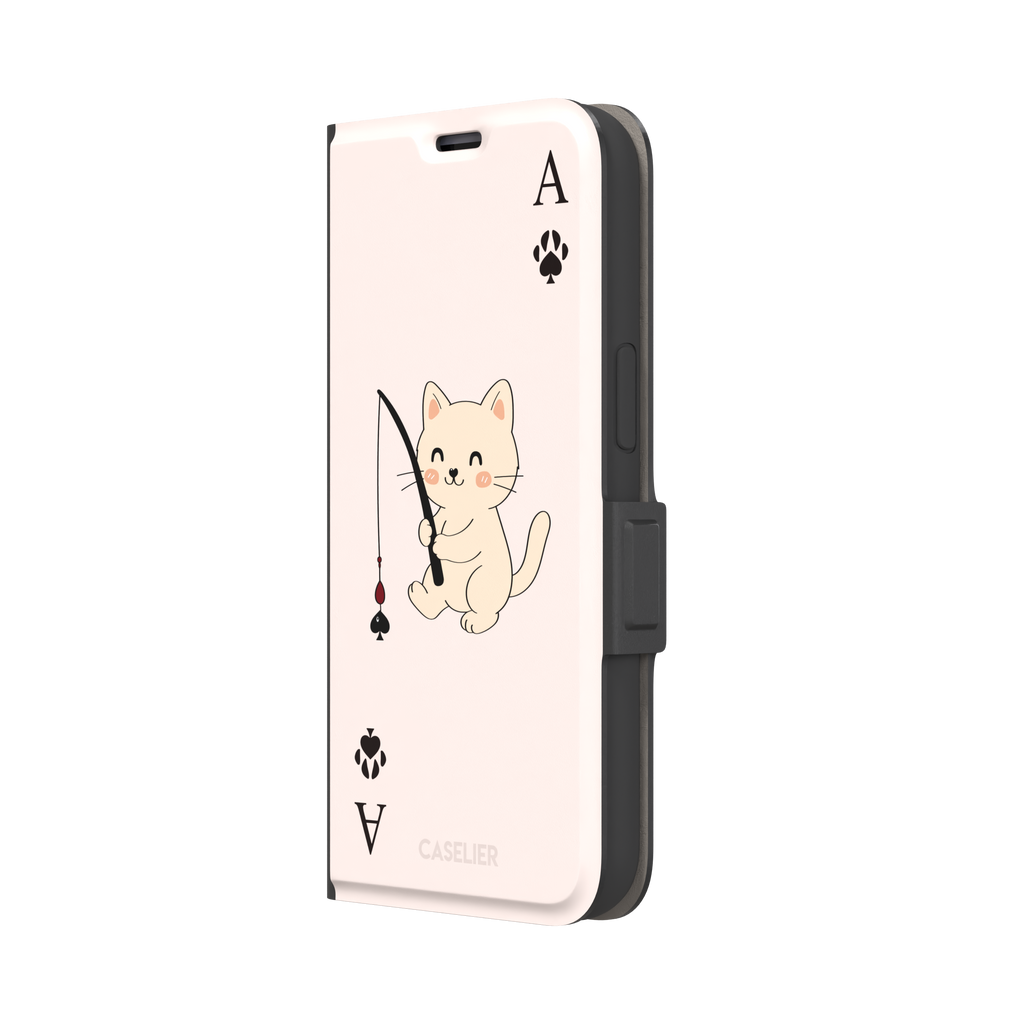 Ace of Spades phone case in blush pink from the Paw Decks collection, featuring a kawaii cream cat holding a fishing rod with a spade-shaped lure and paw print corner markers, phone case by Caselier — wallet case, right view