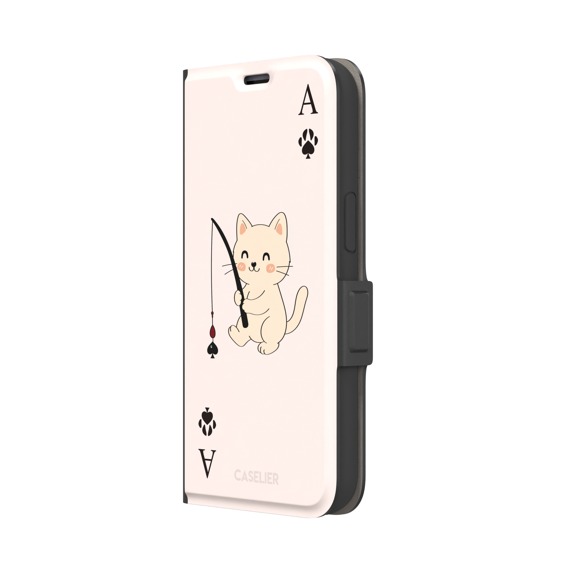 Ace of Spades phone case in blush pink from the Paw Decks collection, featuring a kawaii cream cat holding a fishing rod with a spade-shaped lure and paw print corner markers, phone case by Caselier — wallet case, right view
