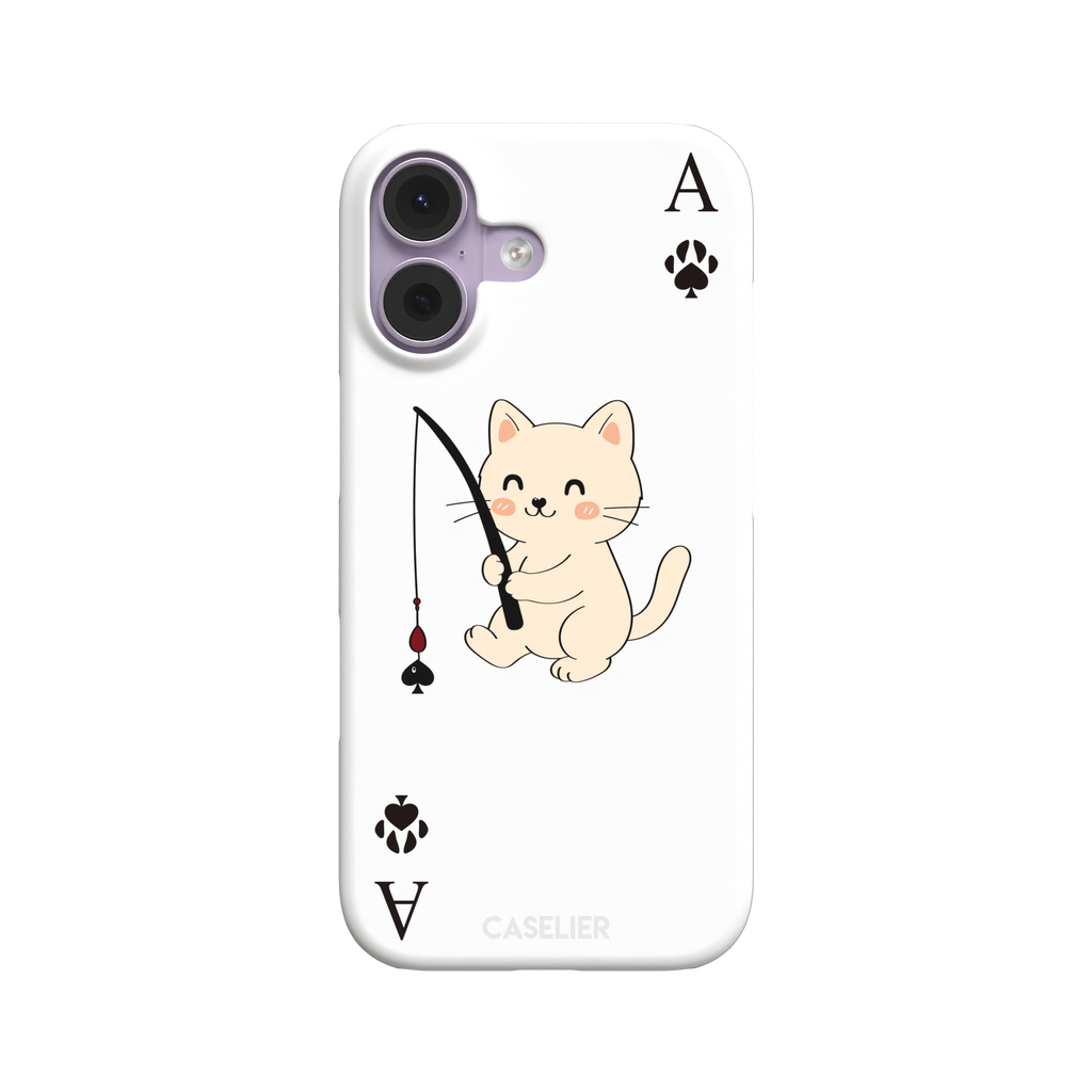 Ace of Spades phone case in white from the Paw Decks collection, featuring a kawaii cream cat holding a fishing rod with a spade-shaped lure and paw print corner markers, phone case by Caselier — snap case, front view