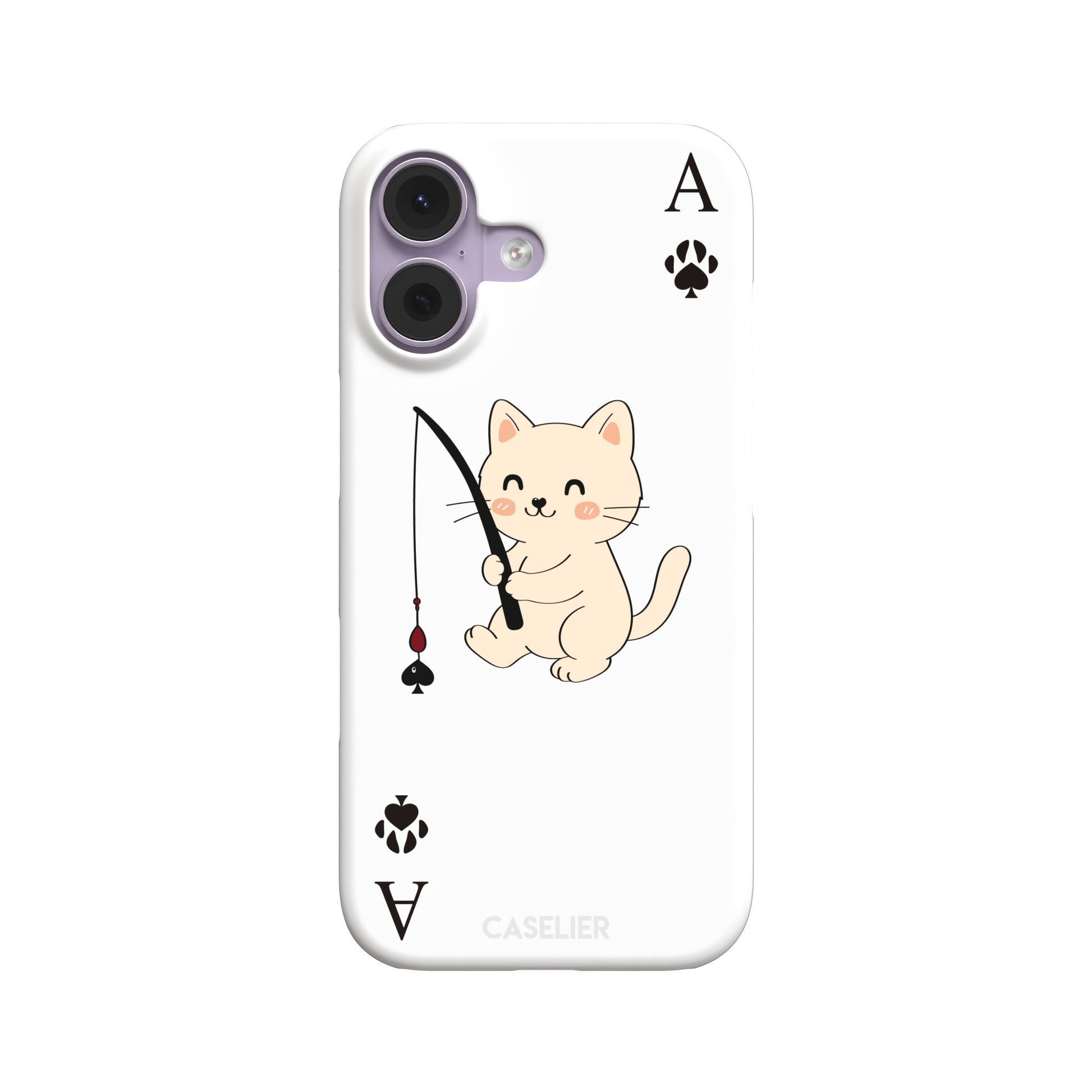 Ace of Spades phone case in white from the Paw Decks collection, featuring a kawaii cream cat holding a fishing rod with a spade-shaped lure and paw print corner markers, phone case by Caselier — snap case, front view