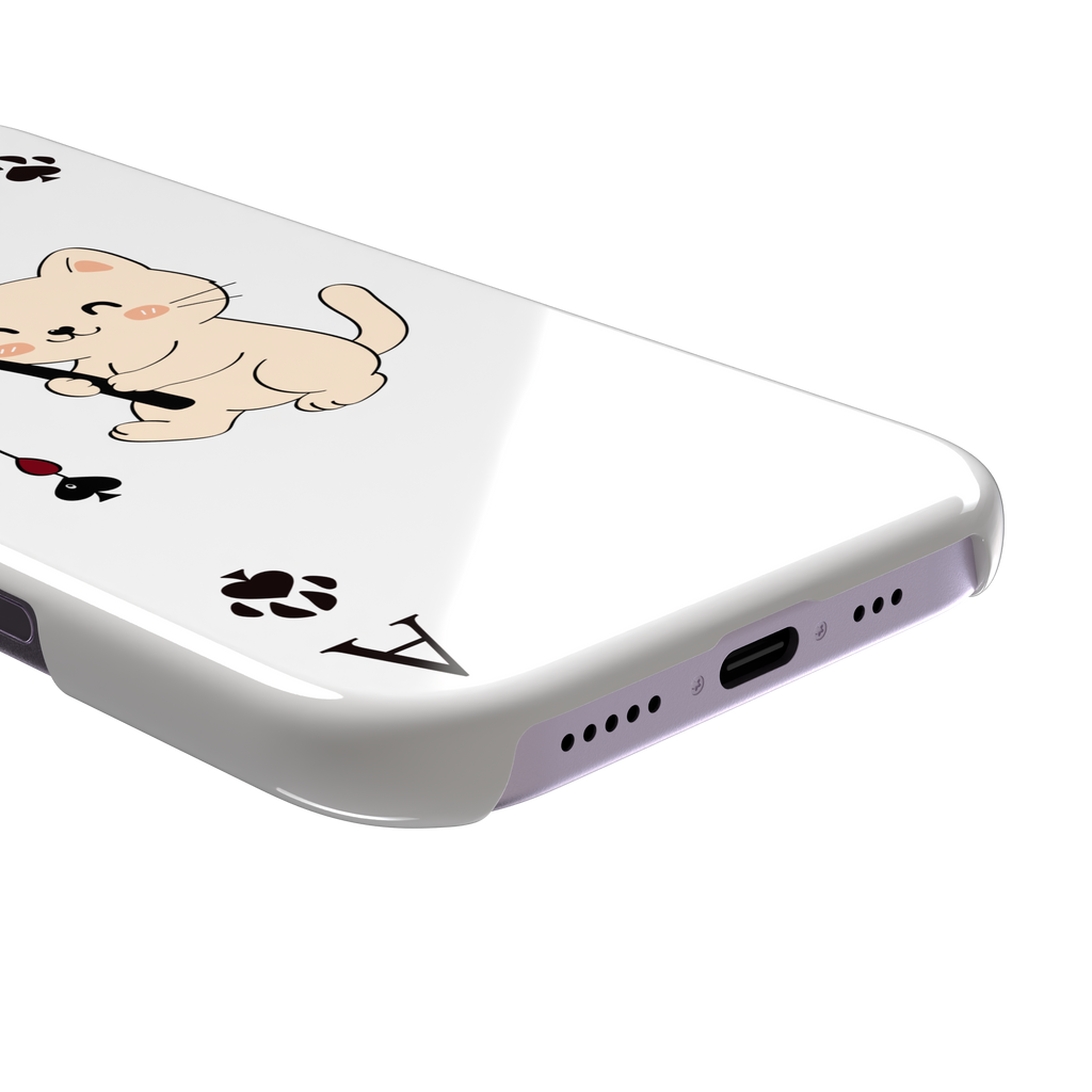 Ace of Spades phone case in white from the Paw Decks collection, featuring a kawaii cream cat holding a fishing rod with a spade-shaped lure and paw print corner markers, phone case by Caselier — snap case, charging port detail