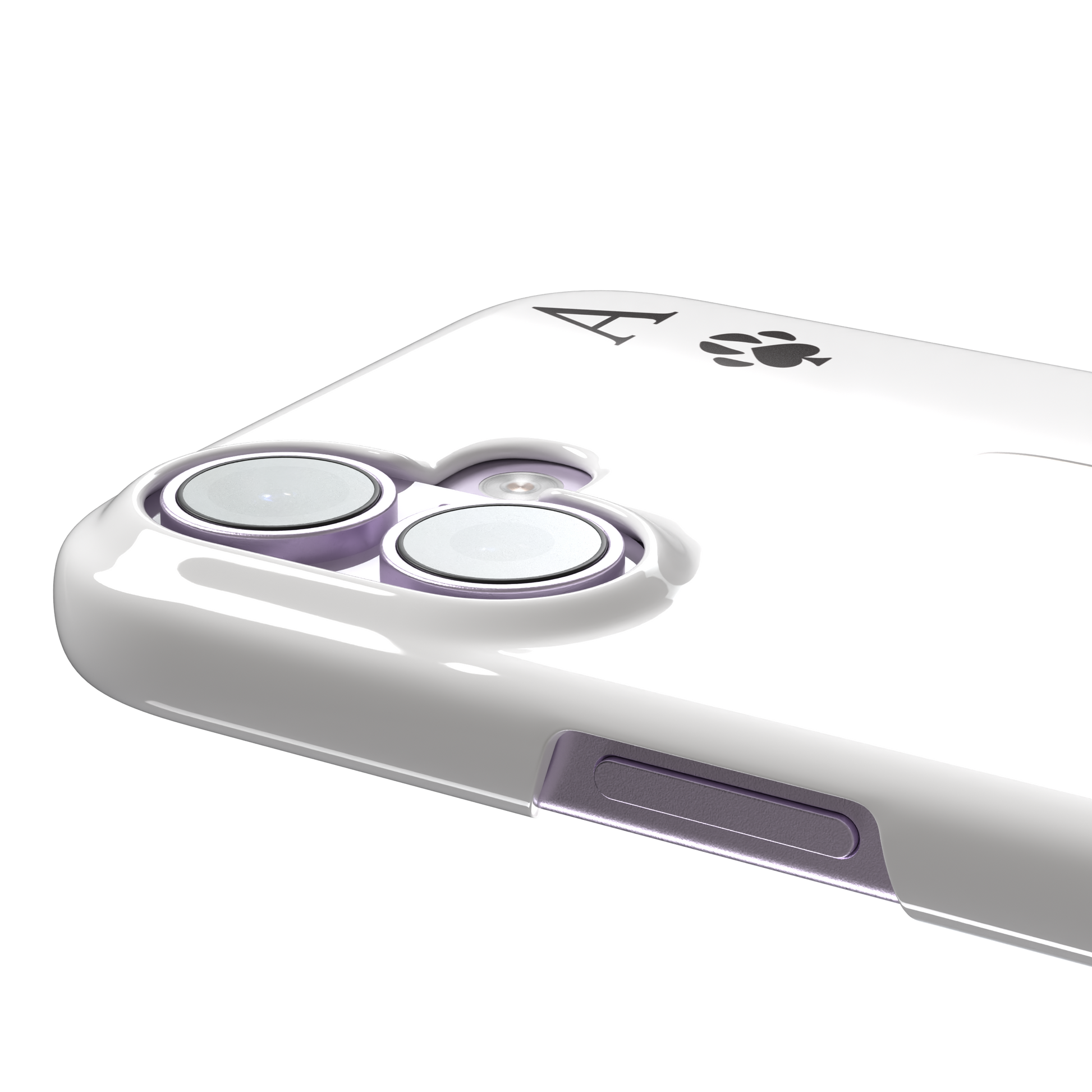 Ace of Spades phone case in white from the Paw Decks collection, featuring a kawaii cream cat holding a fishing rod with a spade-shaped lure and paw print corner markers, phone case by Caselier — snap case, volume buttons detail
