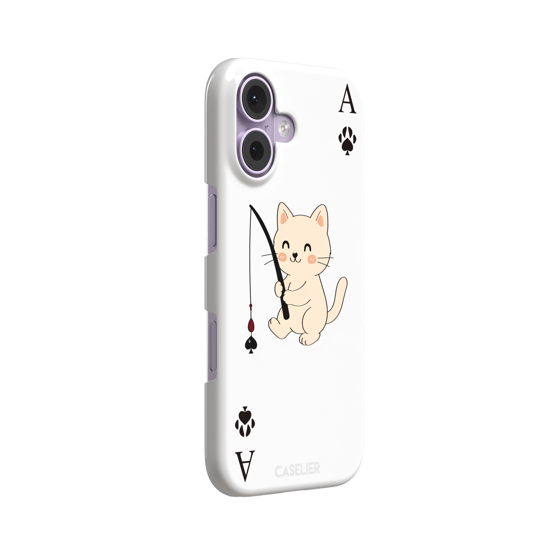 Ace of Spades phone case in white from the Paw Decks collection, featuring a kawaii cream cat holding a fishing rod with a spade-shaped lure and paw print corner markers, phone case by Caselier — snap case, left view