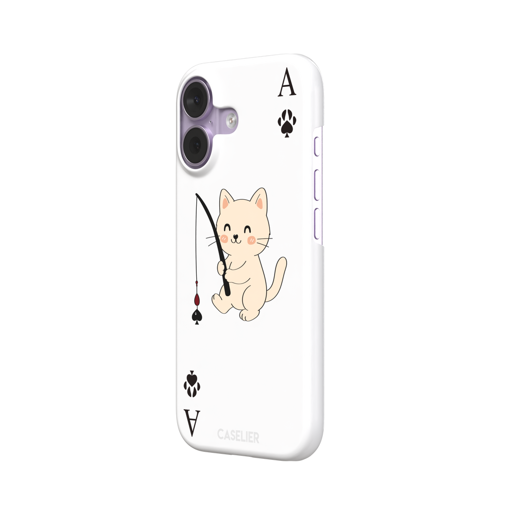 Ace of Spades phone case in white from the Paw Decks collection, featuring a kawaii cream cat holding a fishing rod with a spade-shaped lure and paw print corner markers, phone case by Caselier — snap case, right view