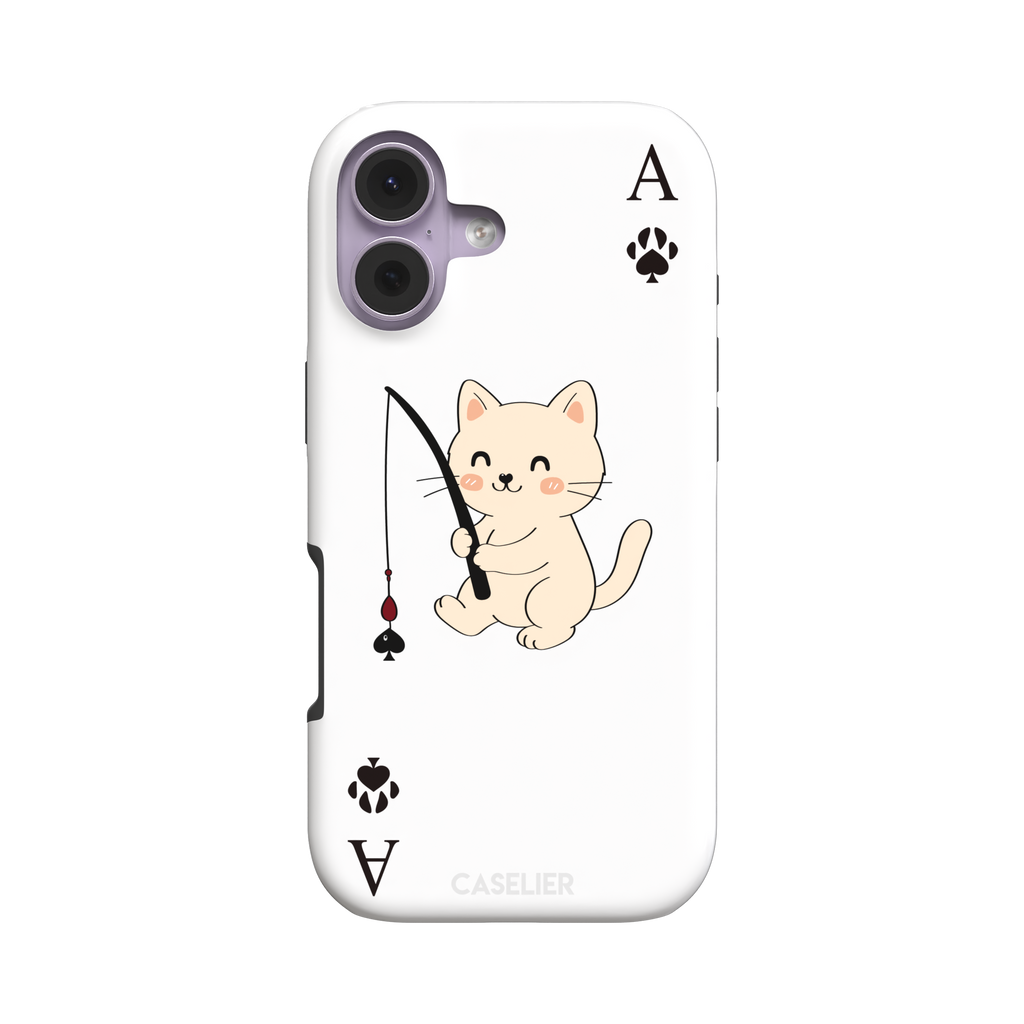 Ace of Spades phone case in white from the Paw Decks collection, featuring a kawaii cream cat holding a fishing rod with a spade-shaped lure and paw print corner markers, phone case by Caselier — tough case, front view