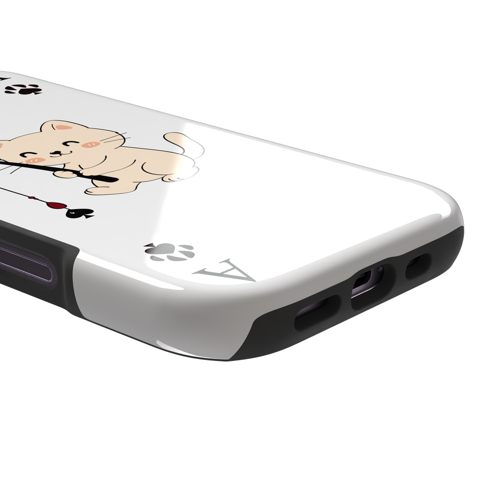 Ace of Spades phone case in white from the Paw Decks collection, featuring a kawaii cream cat holding a fishing rod with a spade-shaped lure and paw print corner markers, phone case by Caselier — tough case, charging port detail