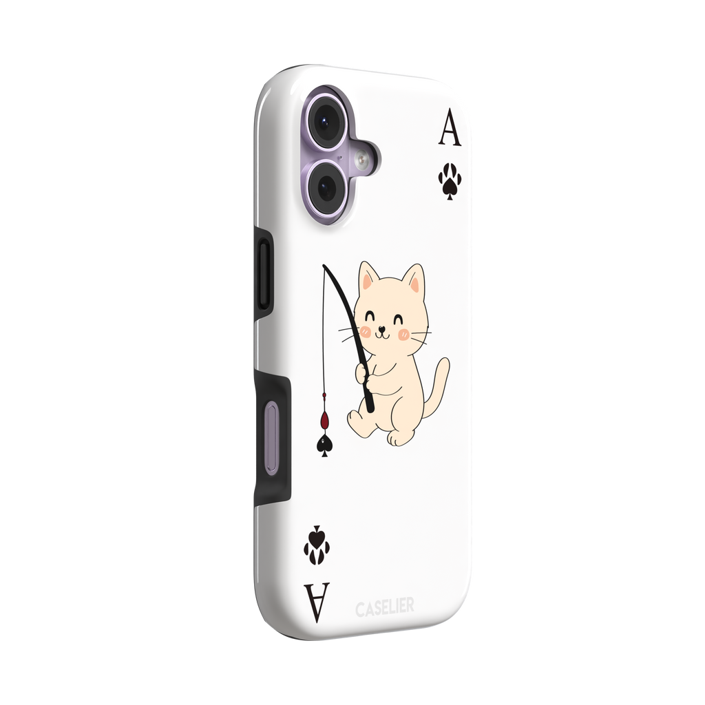 Ace of Spades phone case in white from the Paw Decks collection, featuring a kawaii cream cat holding a fishing rod with a spade-shaped lure and paw print corner markers, phone case by Caselier — tough case, left view