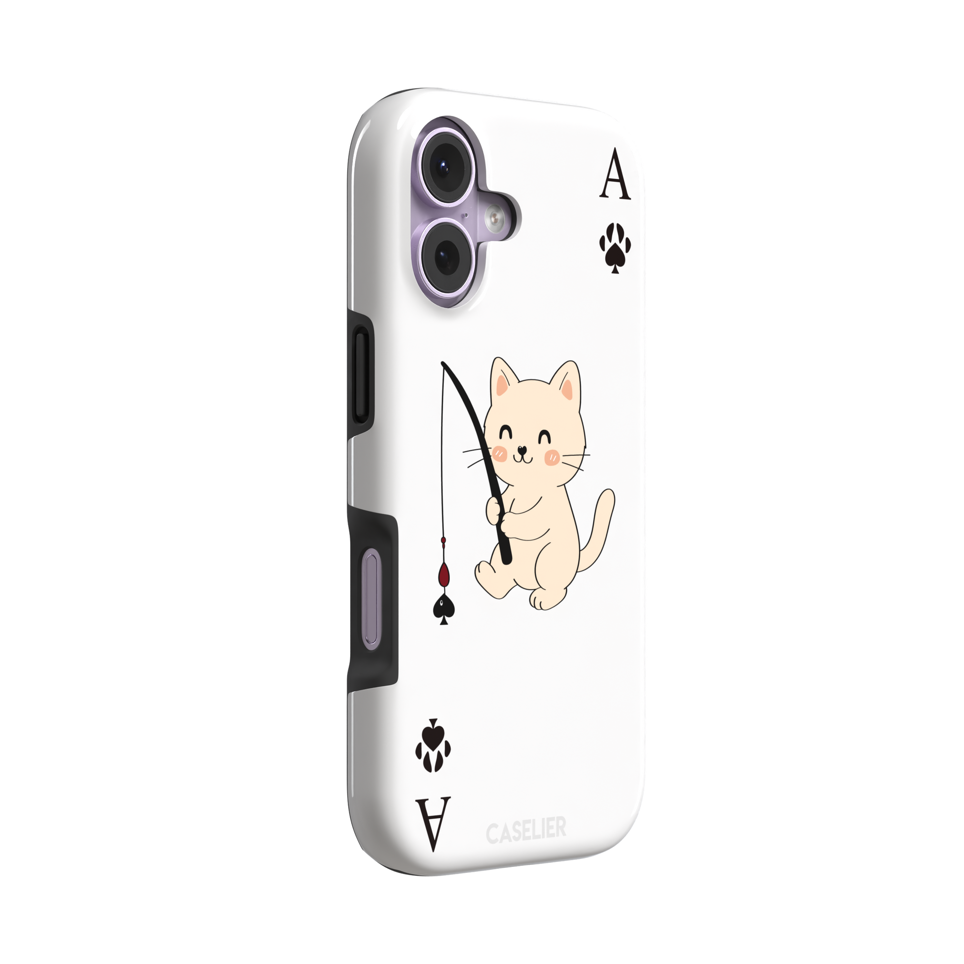 Ace of Spades phone case in white from the Paw Decks collection, featuring a kawaii cream cat holding a fishing rod with a spade-shaped lure and paw print corner markers, phone case by Caselier — tough case, left view