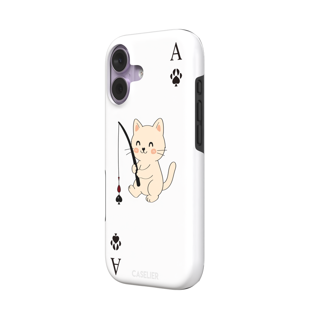 Ace of Spades phone case in white from the Paw Decks collection, featuring a kawaii cream cat holding a fishing rod with a spade-shaped lure and paw print corner markers, phone case by Caselier — tough case, right view
