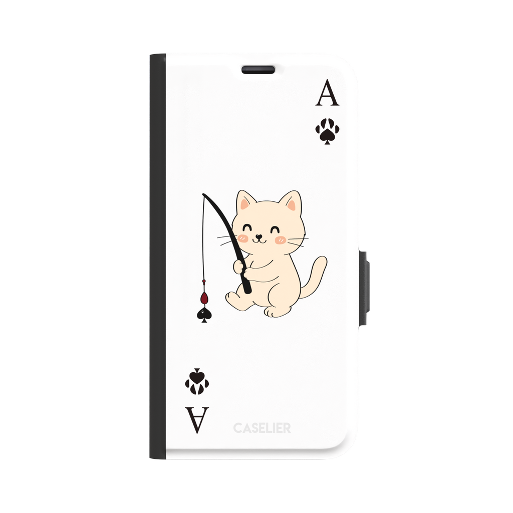 Ace of Spades phone case in white from the Paw Decks collection, featuring a kawaii cream cat holding a fishing rod with a spade-shaped lure and paw print corner markers, phone case by Caselier — wallet case, front view