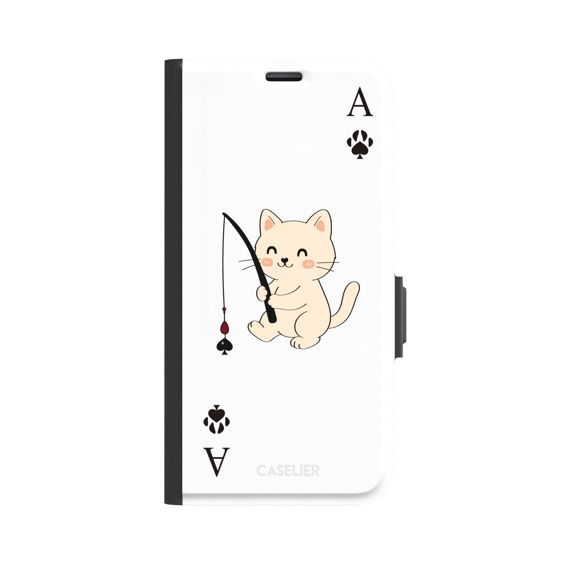 Ace of Spades phone case in white from the Paw Decks collection, featuring a kawaii cream cat holding a fishing rod with a spade-shaped lure and paw print corner markers, phone case by Caselier — wallet case, front view