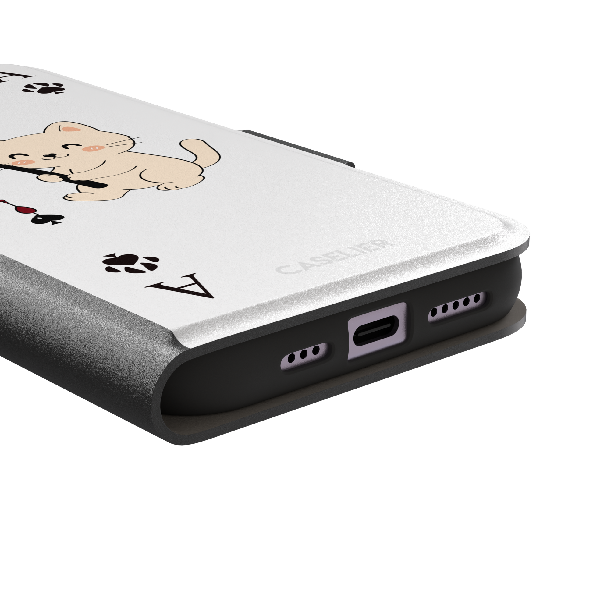 Ace of Spades phone case in white from the Paw Decks collection, featuring a kawaii cream cat holding a fishing rod with a spade-shaped lure and paw print corner markers, phone case by Caselier — wallet case, charging port detail