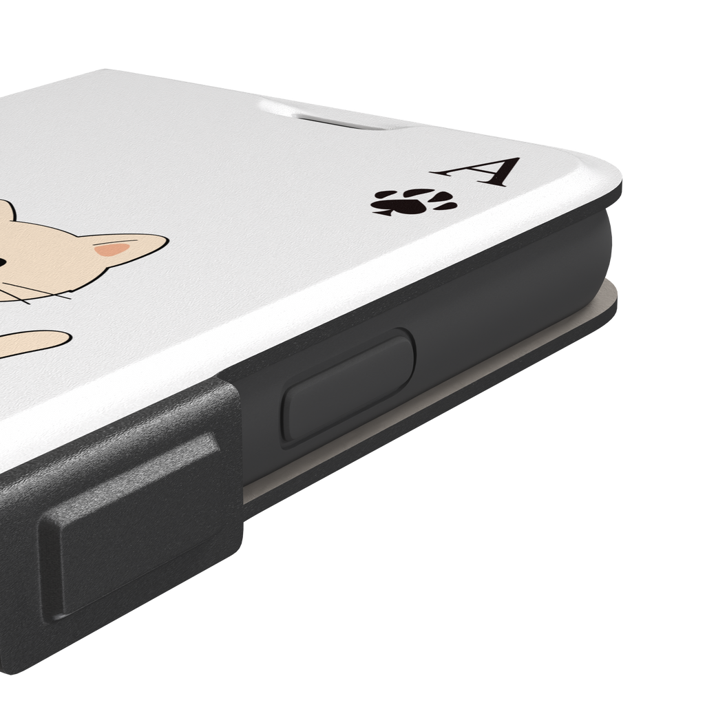 Ace of Spades phone case in white from the Paw Decks collection, featuring a kawaii cream cat holding a fishing rod with a spade-shaped lure and paw print corner markers, phone case by Caselier — wallet case, volume buttons detail