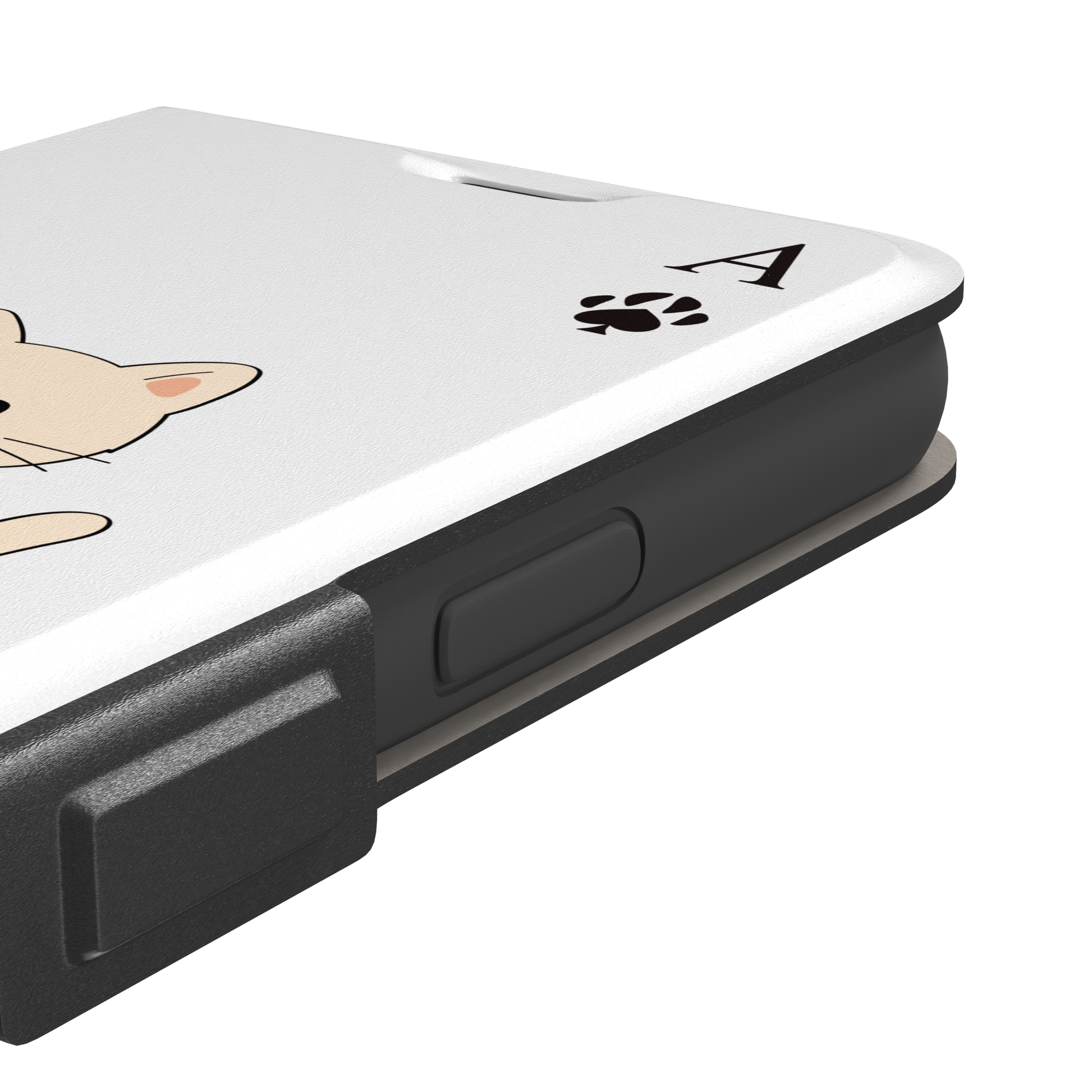 Ace of Spades phone case in white from the Paw Decks collection, featuring a kawaii cream cat holding a fishing rod with a spade-shaped lure and paw print corner markers, phone case by Caselier — wallet case, volume buttons detail