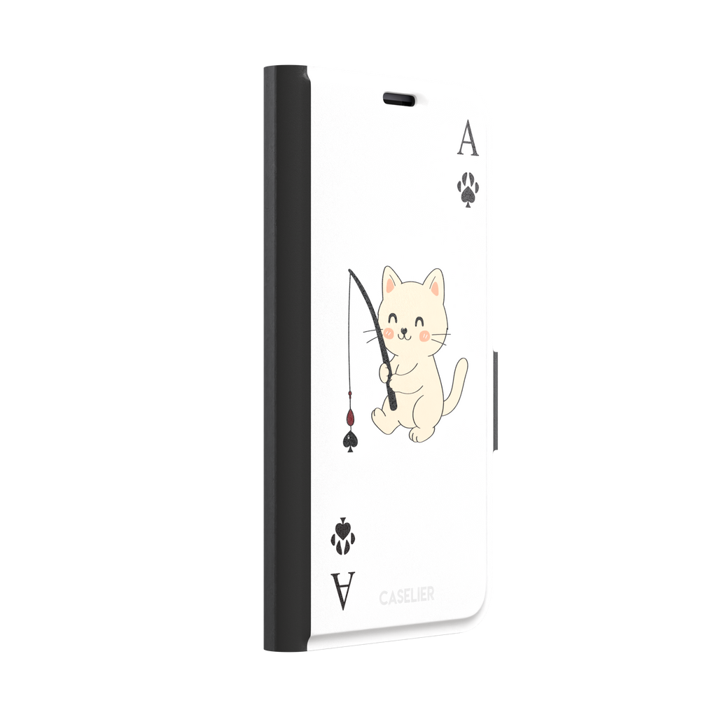 Ace of Spades phone case in white from the Paw Decks collection, featuring a kawaii cream cat holding a fishing rod with a spade-shaped lure and paw print corner markers, phone case by Caselier — wallet case, left view