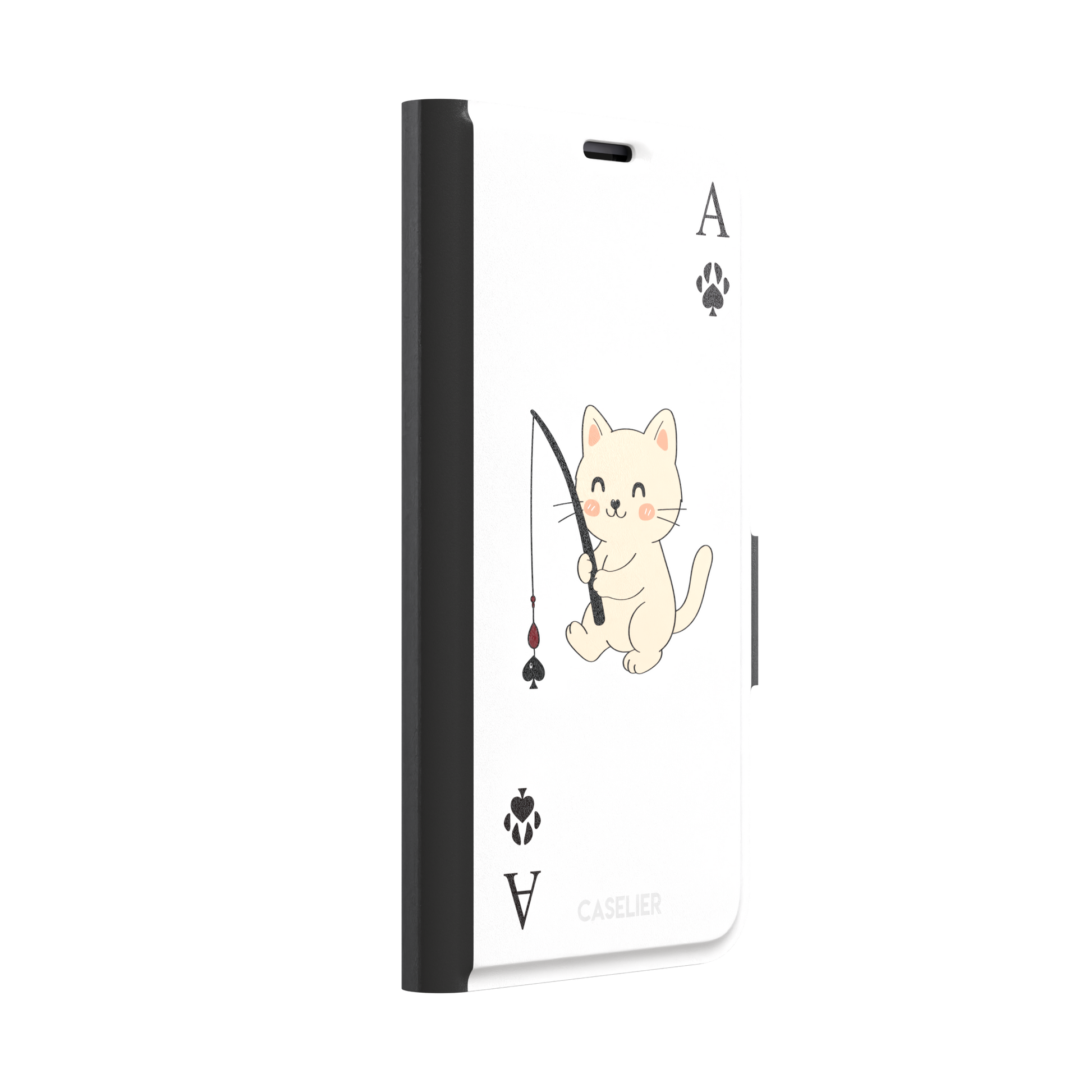 Ace of Spades phone case in white from the Paw Decks collection, featuring a kawaii cream cat holding a fishing rod with a spade-shaped lure and paw print corner markers, phone case by Caselier — wallet case, left view
