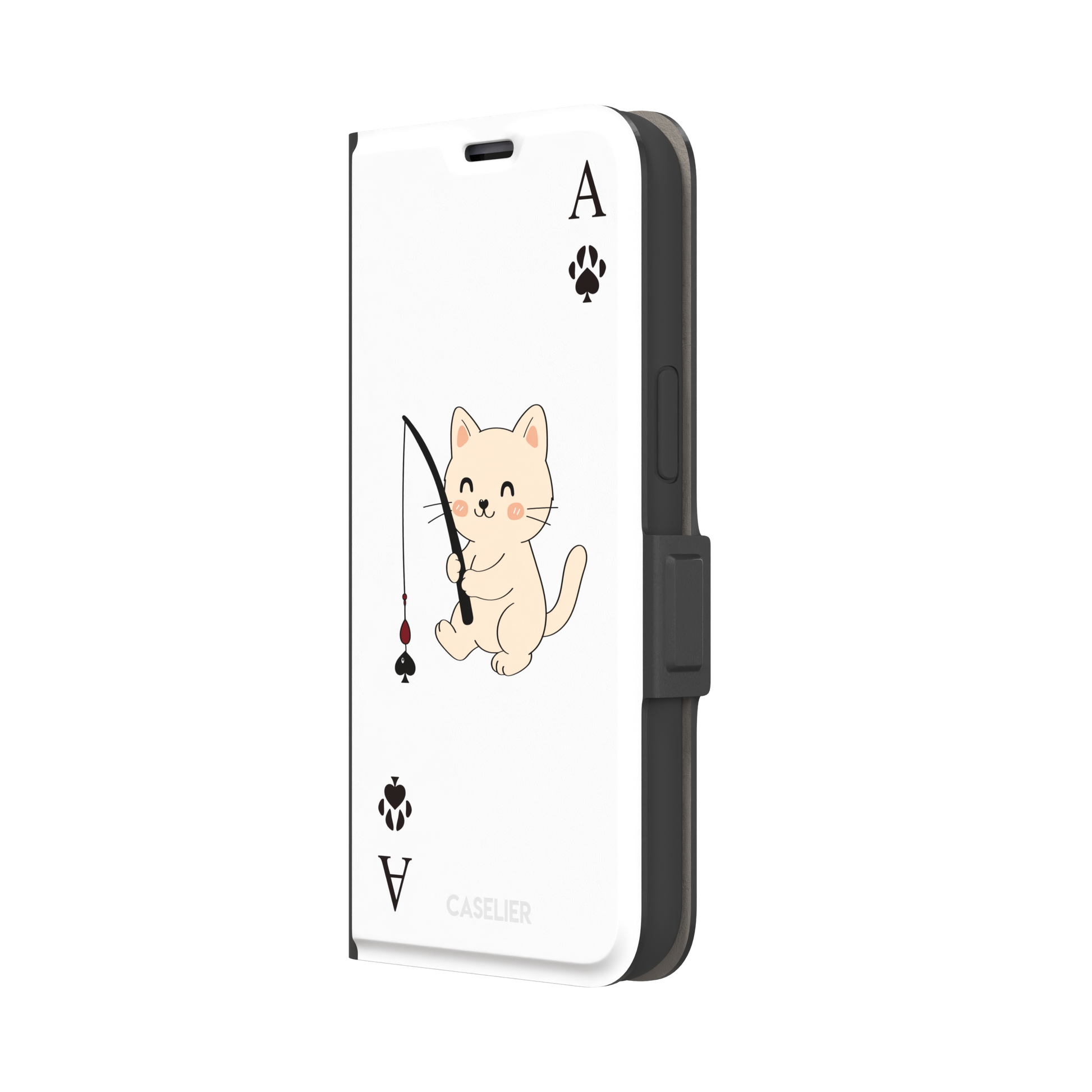 Ace of Spades phone case in white from the Paw Decks collection, featuring a kawaii cream cat holding a fishing rod with a spade-shaped lure and paw print corner markers, phone case by Caselier — wallet case, right view