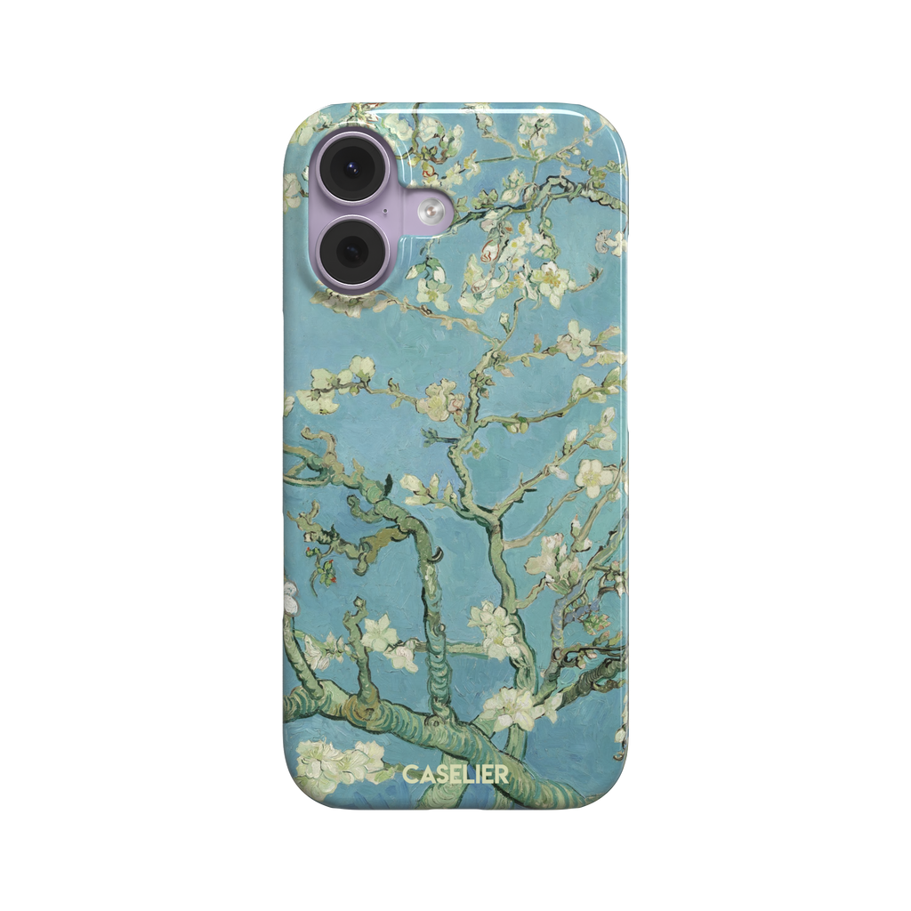Almond Blossoms by Vincent van Gogh phone case showing white flowering branches against a teal sky, phone case by Caselier — snap case, front view