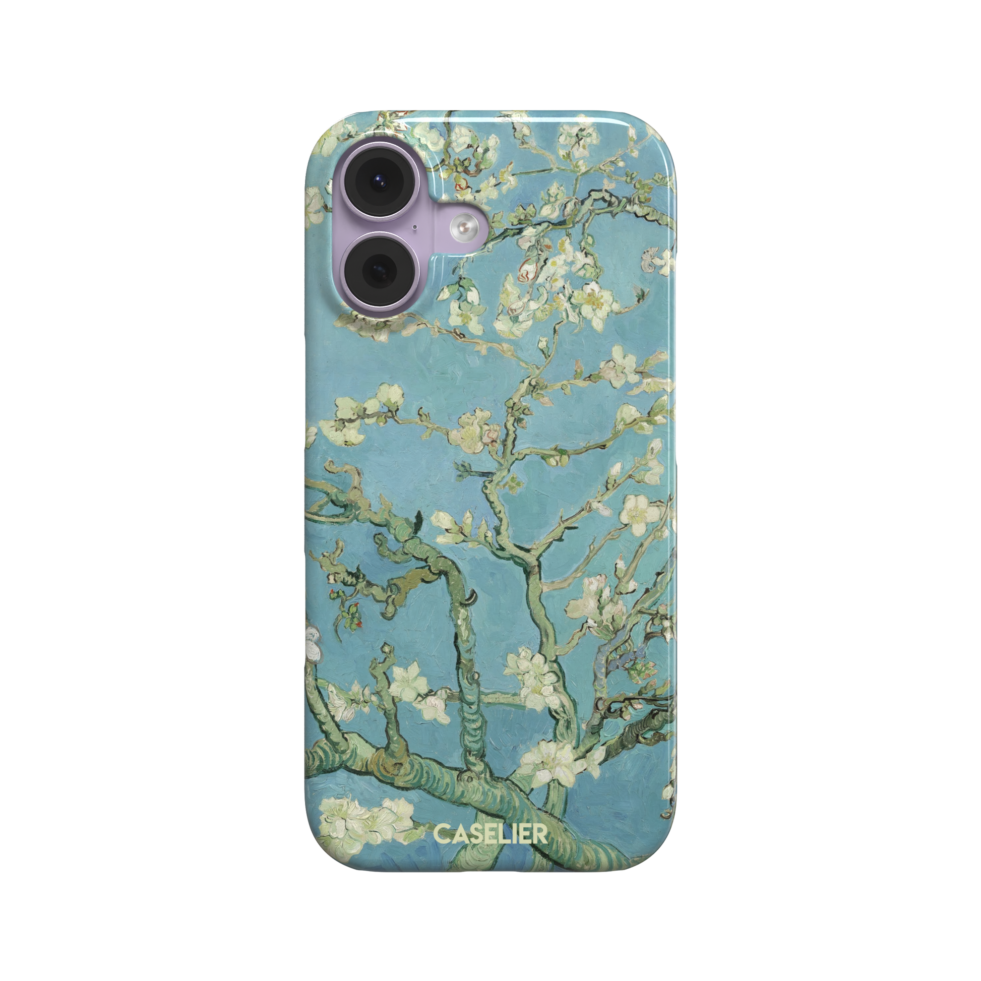 Almond Blossoms by Vincent van Gogh phone case showing white flowering branches against a teal sky, phone case by Caselier — snap case, front view