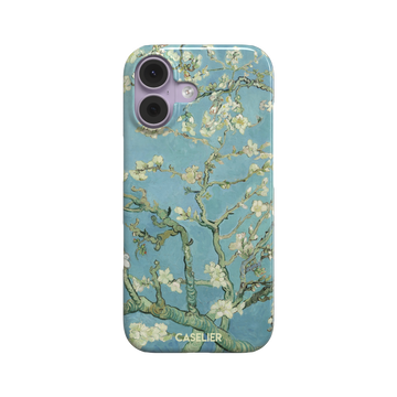 Almond Blossoms by Vincent van Gogh phone case showing white flowering branches against a teal sky, phone case by Caselier — snap case, front view