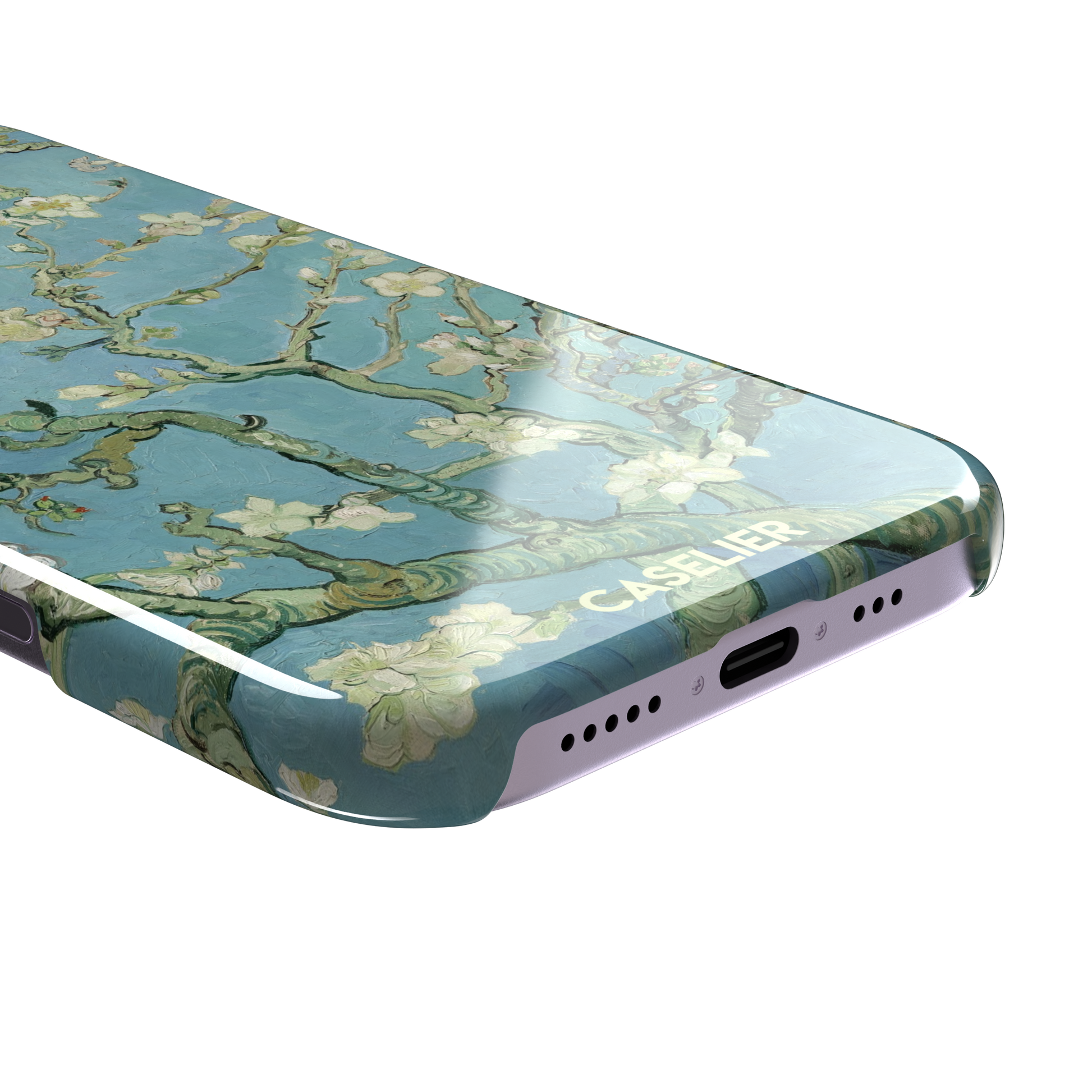 Almond Blossoms by Vincent van Gogh phone case showing white flowering branches against a teal sky, phone case by Caselier — snap case, charging port detail