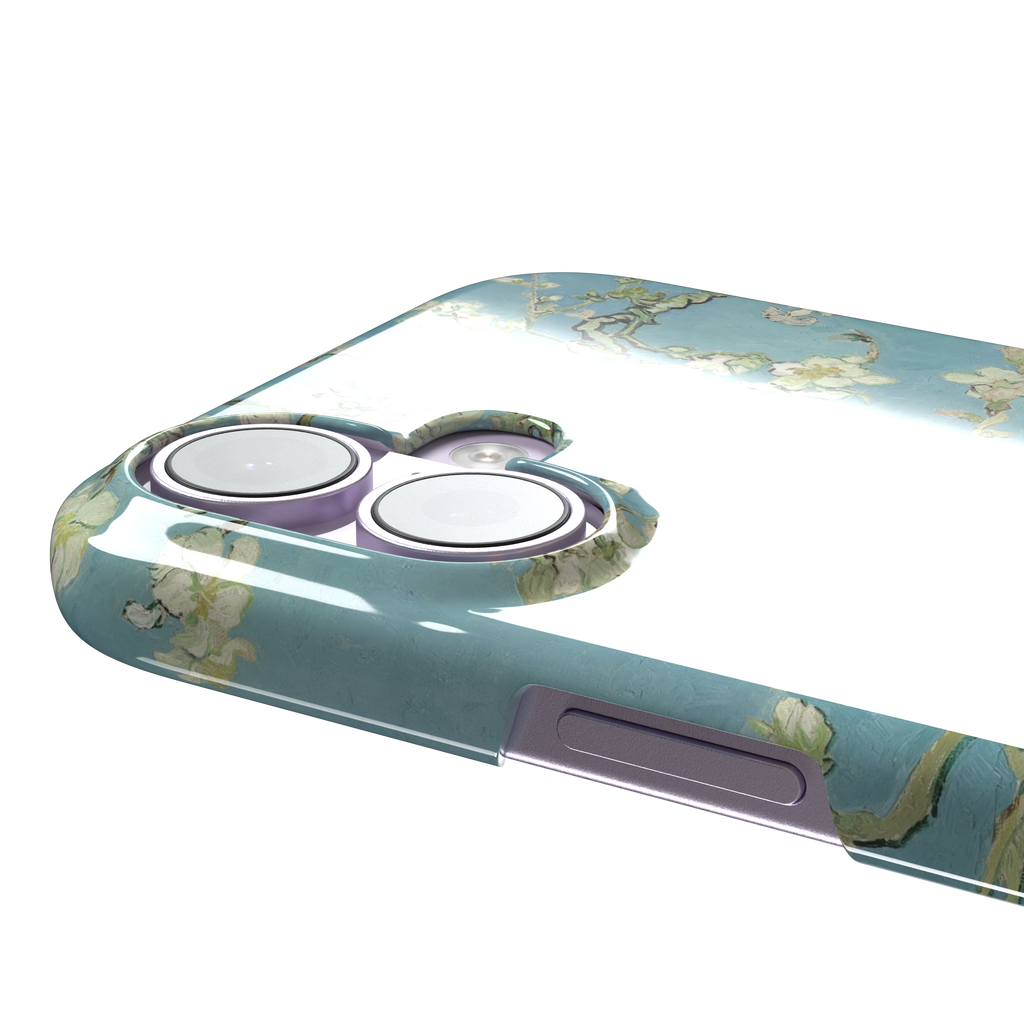 Almond Blossoms by Vincent van Gogh phone case showing white flowering branches against a teal sky, phone case by Caselier — snap case, volume buttons detail