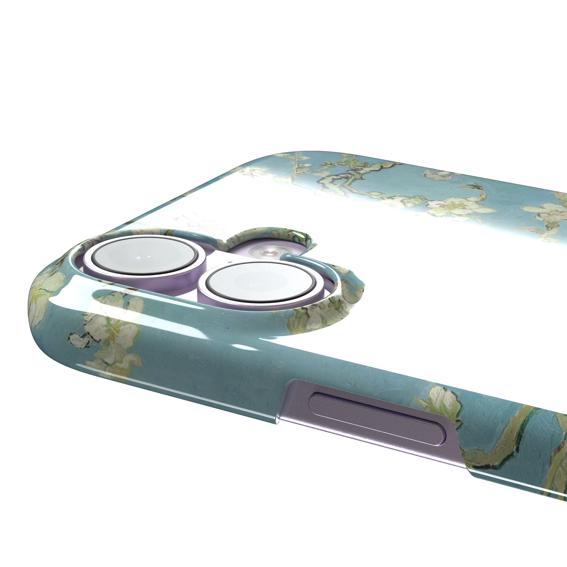 Almond Blossoms by Vincent van Gogh phone case showing white flowering branches against a teal sky, phone case by Caselier — snap case, volume buttons detail