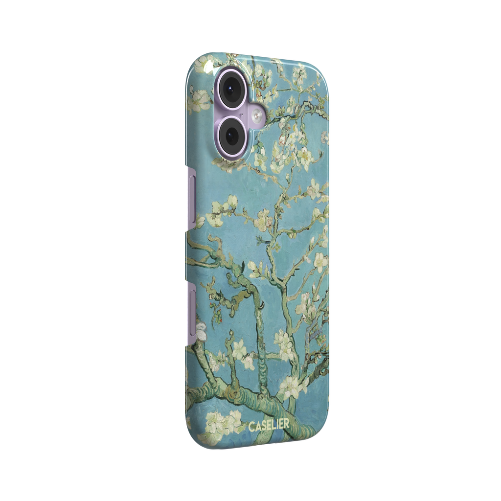Almond Blossoms by Vincent van Gogh phone case showing white flowering branches against a teal sky, phone case by Caselier — snap case, left view