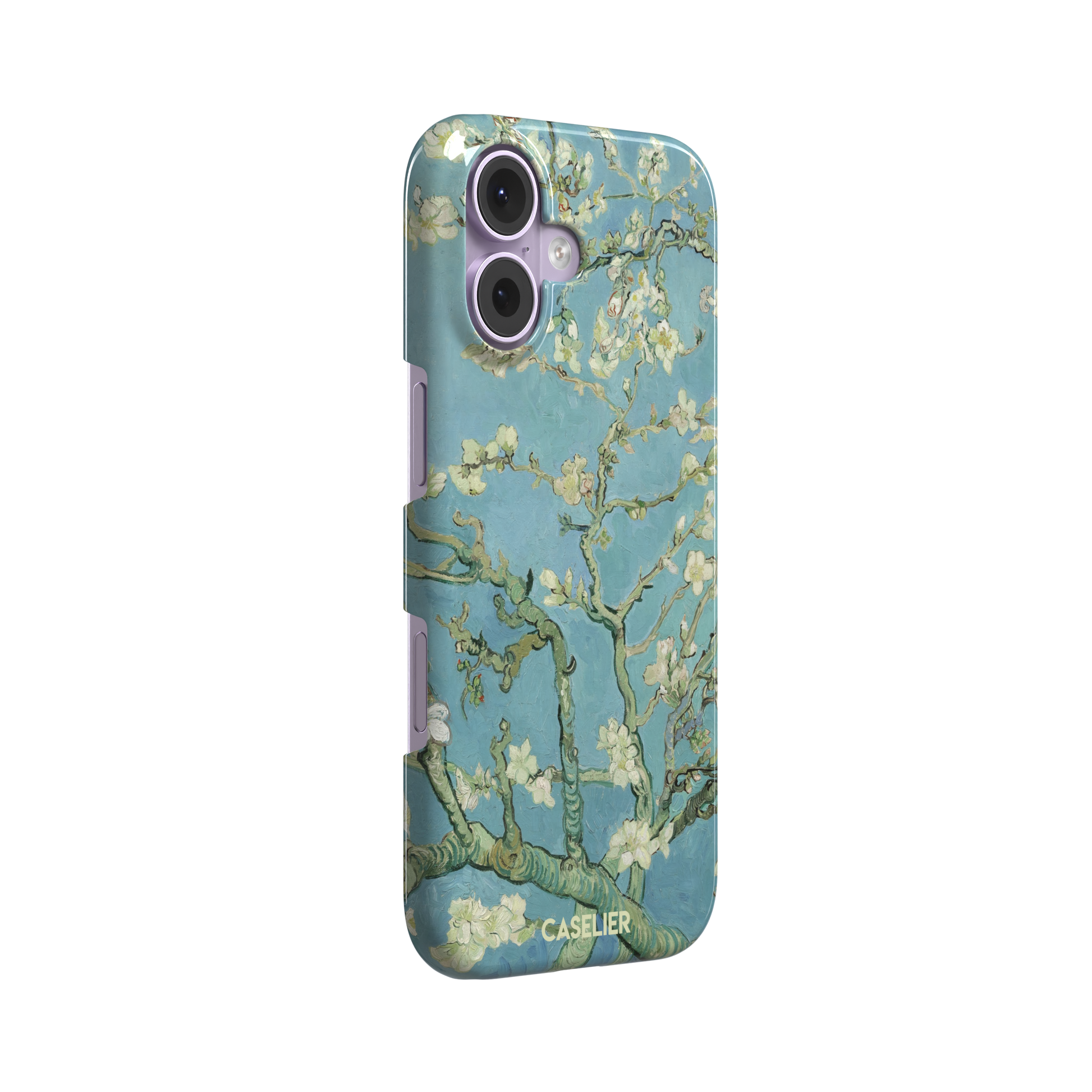 Almond Blossoms by Vincent van Gogh phone case showing white flowering branches against a teal sky, phone case by Caselier — snap case, left view