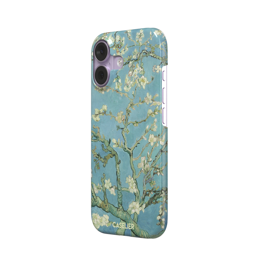 Almond Blossoms by Vincent van Gogh phone case showing white flowering branches against a teal sky, phone case by Caselier — snap case, right view