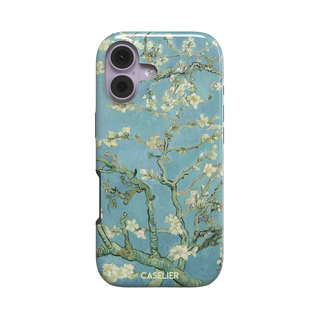 Almond Blossoms by Vincent van Gogh phone case showing white flowering branches against a teal sky, phone case by Caselier — tough case, front view