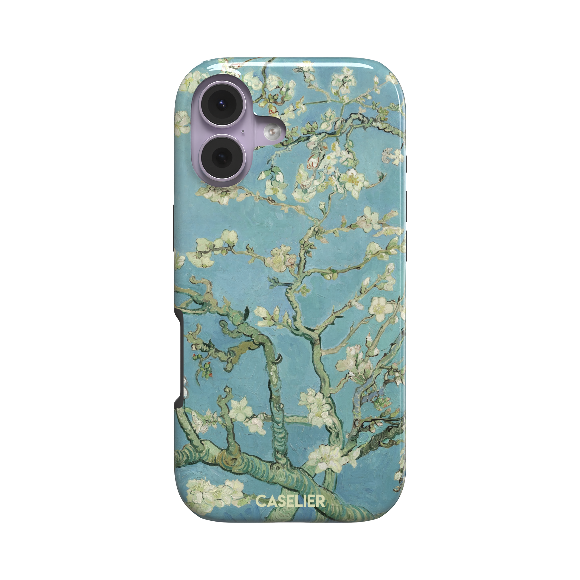 Almond Blossoms by Vincent van Gogh phone case showing white flowering branches against a teal sky, phone case by Caselier — tough case, front view