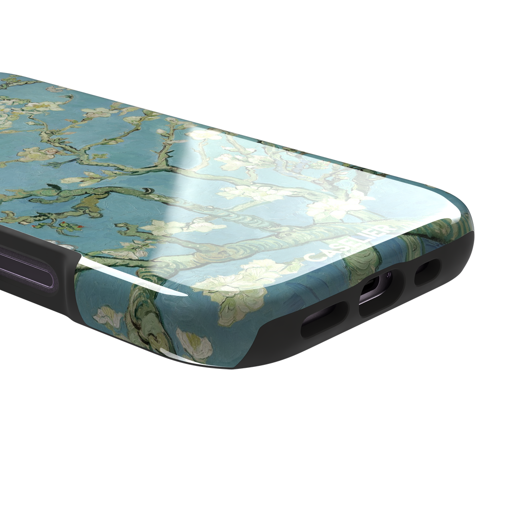 Almond Blossoms by Vincent van Gogh phone case showing white flowering branches against a teal sky, phone case by Caselier — tough case, charging port detail