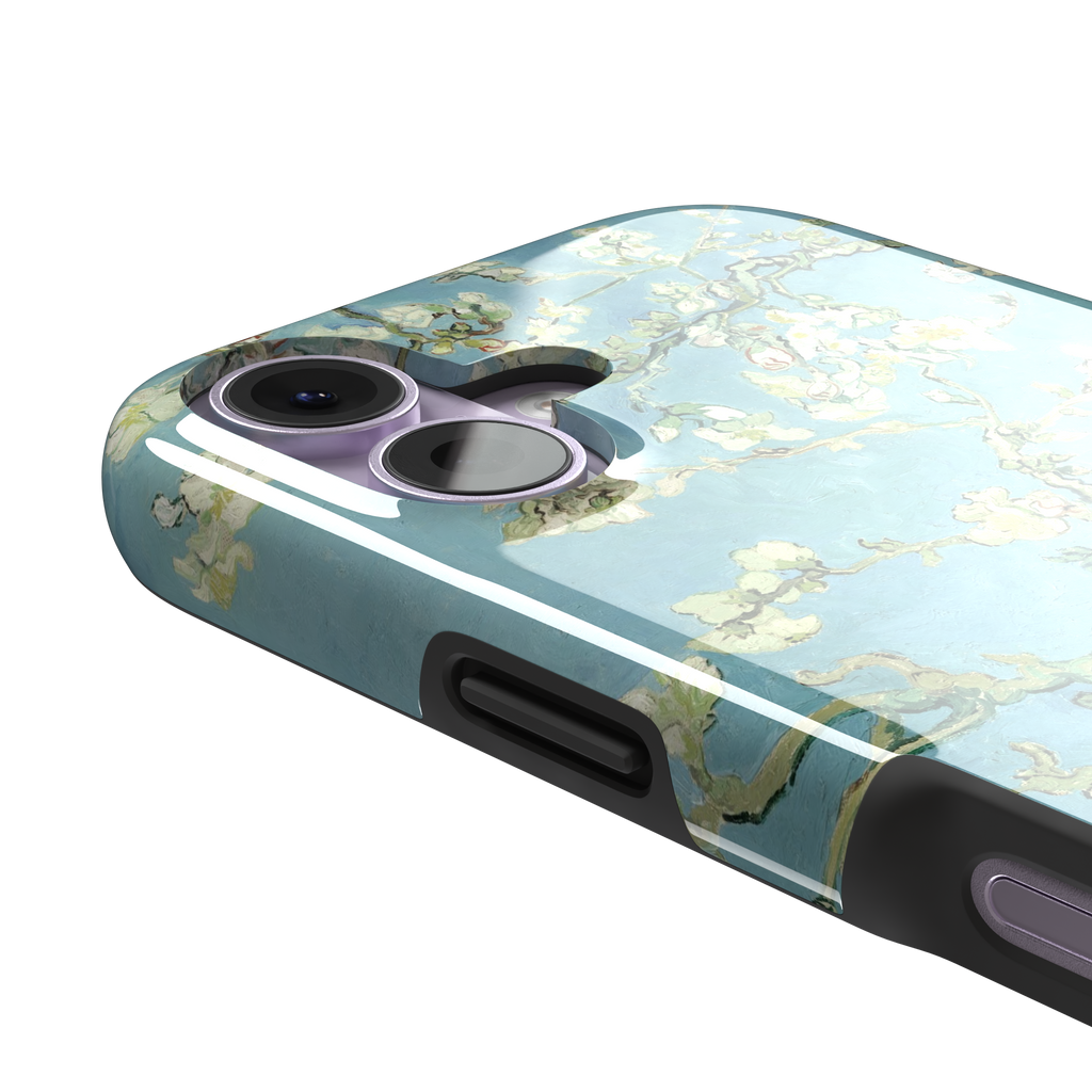 Almond Blossoms by Vincent van Gogh phone case showing white flowering branches against a teal sky, phone case by Caselier — tough case, volume buttons detail