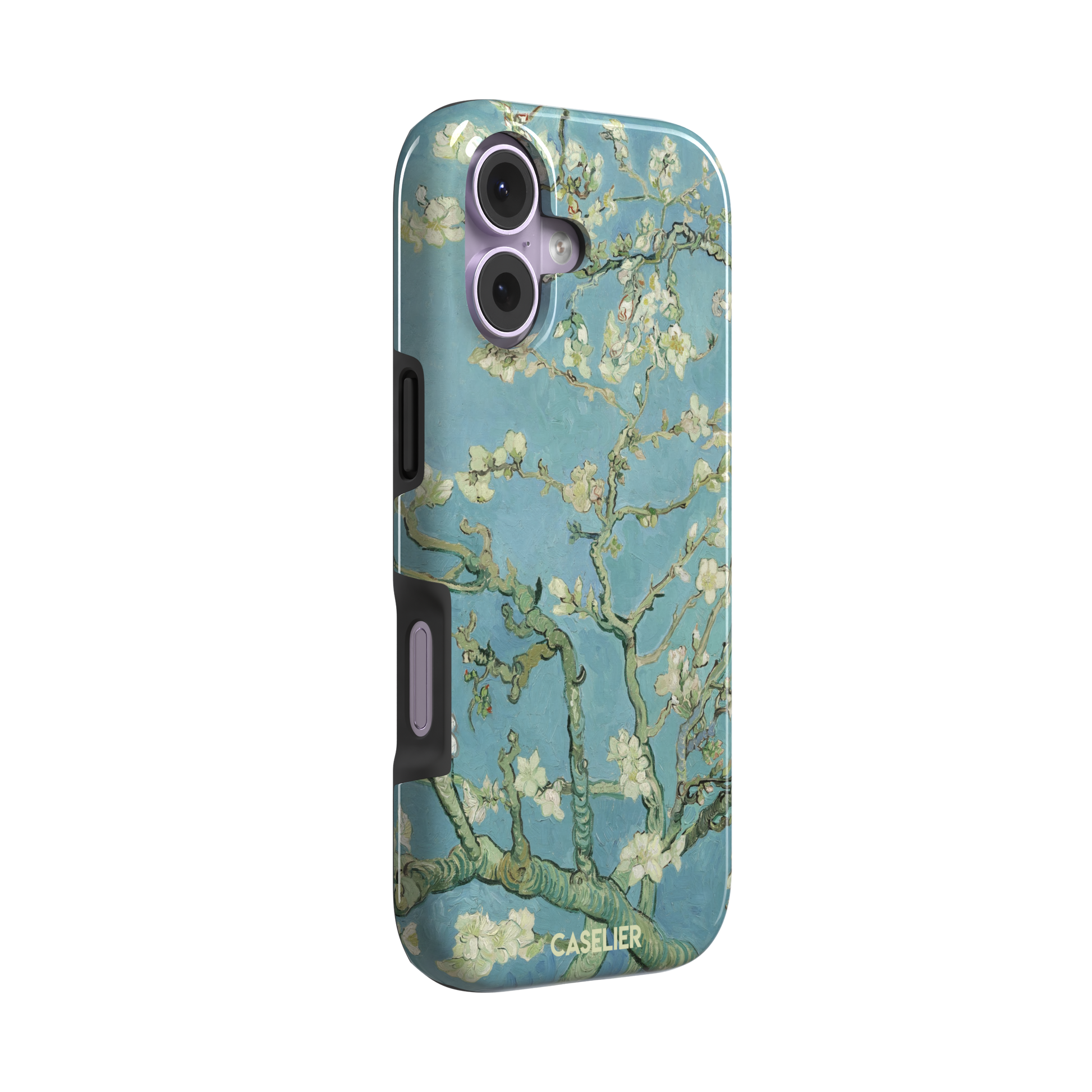 Almond Blossoms by Vincent van Gogh phone case showing white flowering branches against a teal sky, phone case by Caselier — tough case, left view