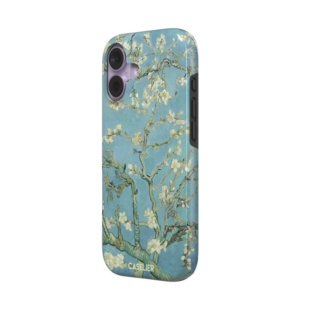 Almond Blossoms by Vincent van Gogh phone case showing white flowering branches against a teal sky, phone case by Caselier — tough case, right view