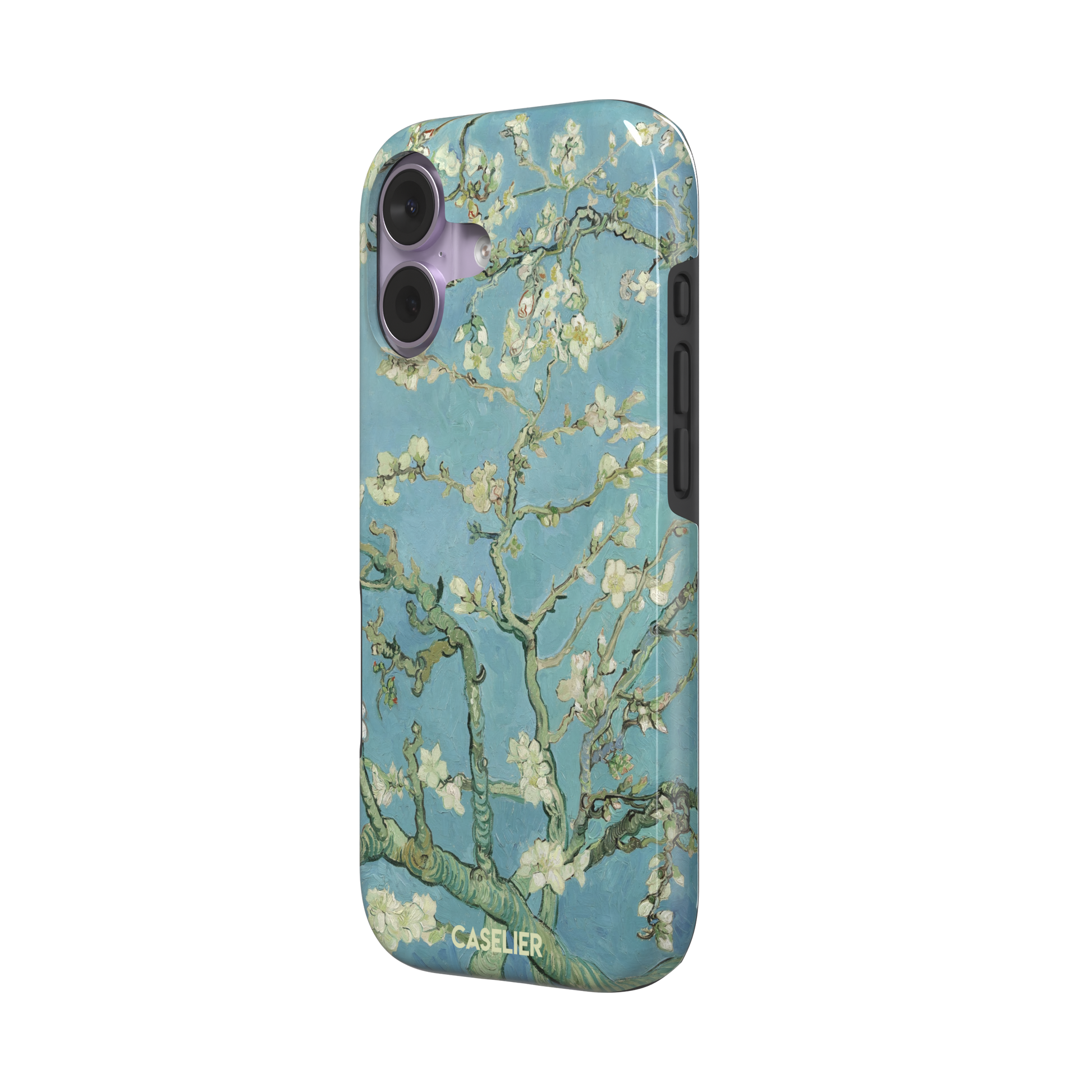 Almond Blossoms by Vincent van Gogh phone case showing white flowering branches against a teal sky, phone case by Caselier — tough case, right view